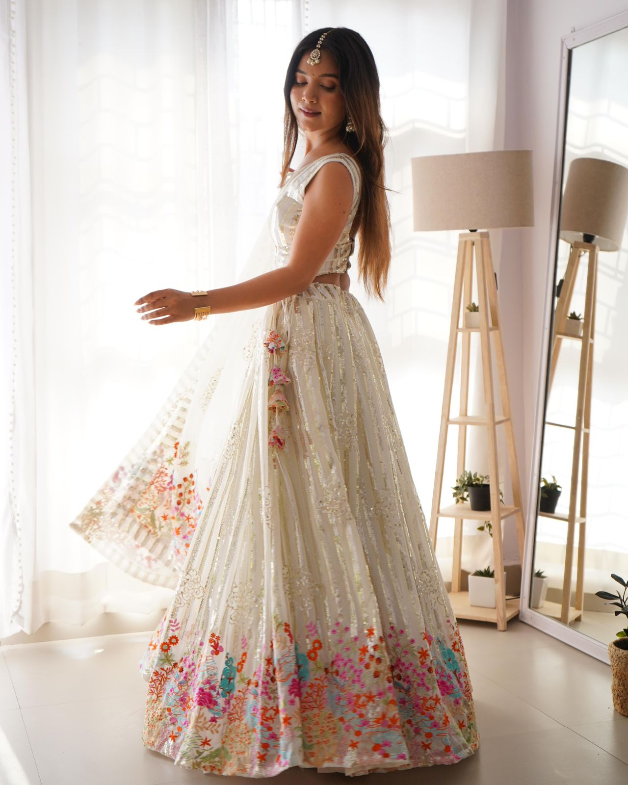 Indrani white fox georgette embroidered lehenga set