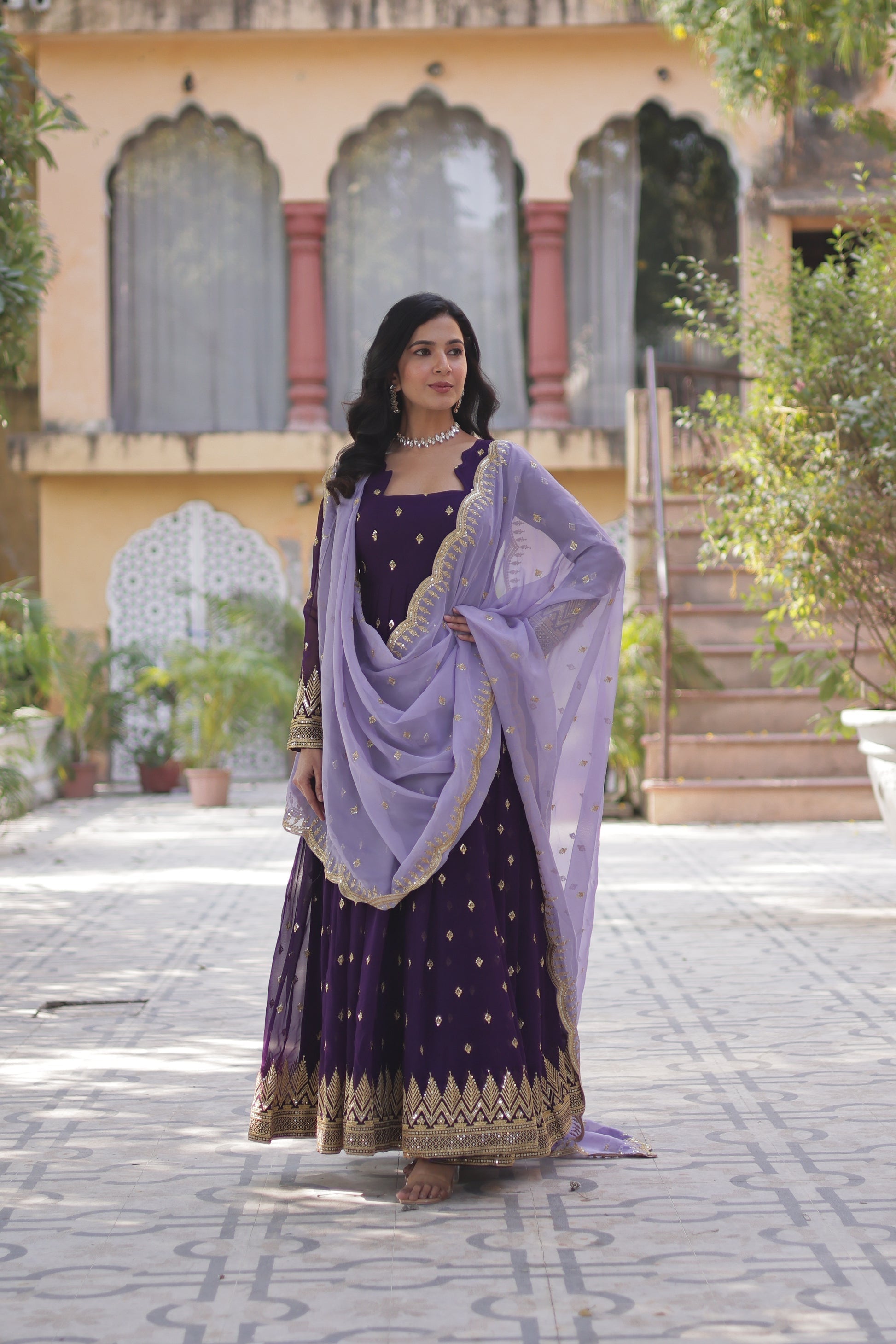Shravisha Purple Embroidered Anarkali Gown Set