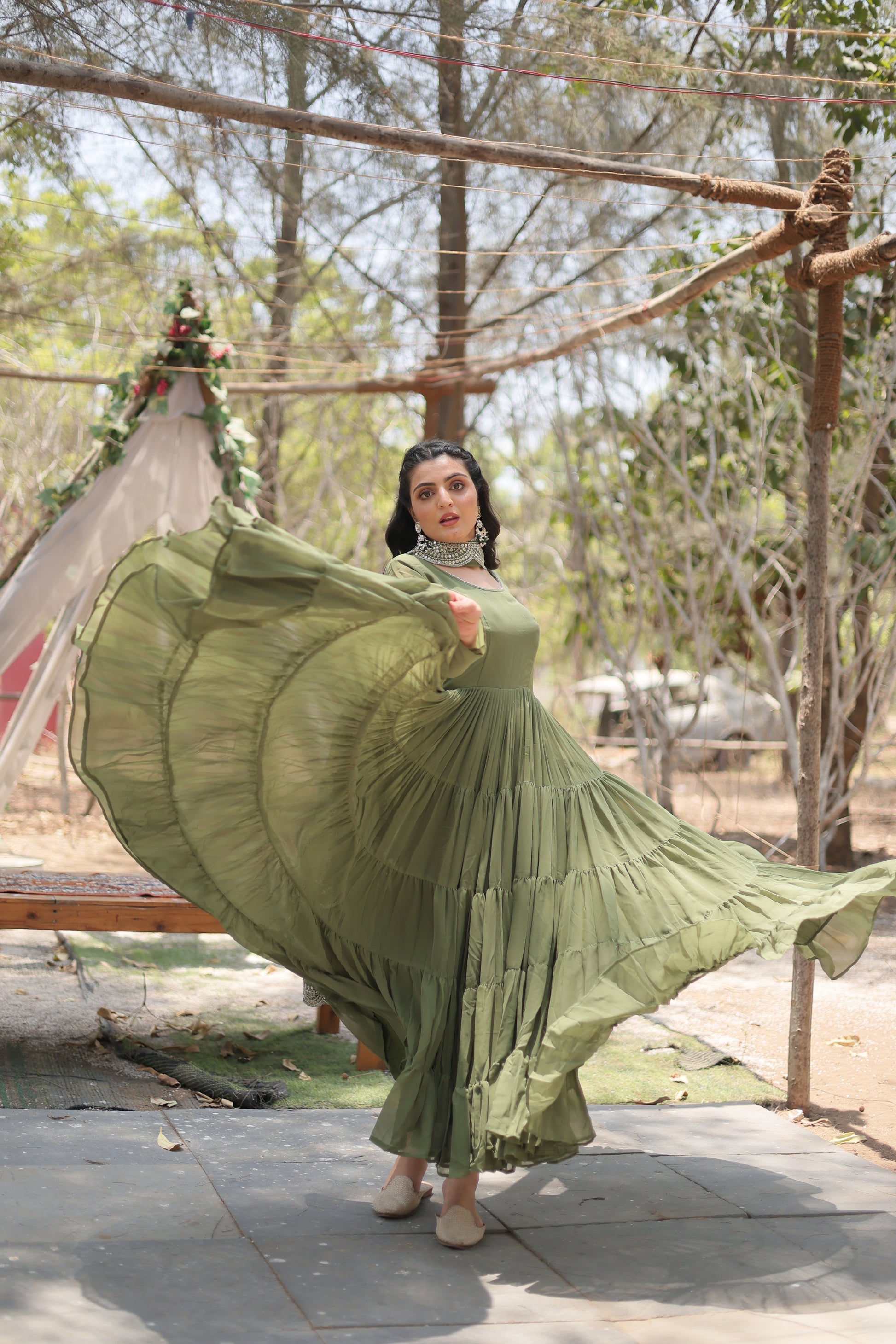 Green georgette Shreeprada designer Anarkali gown