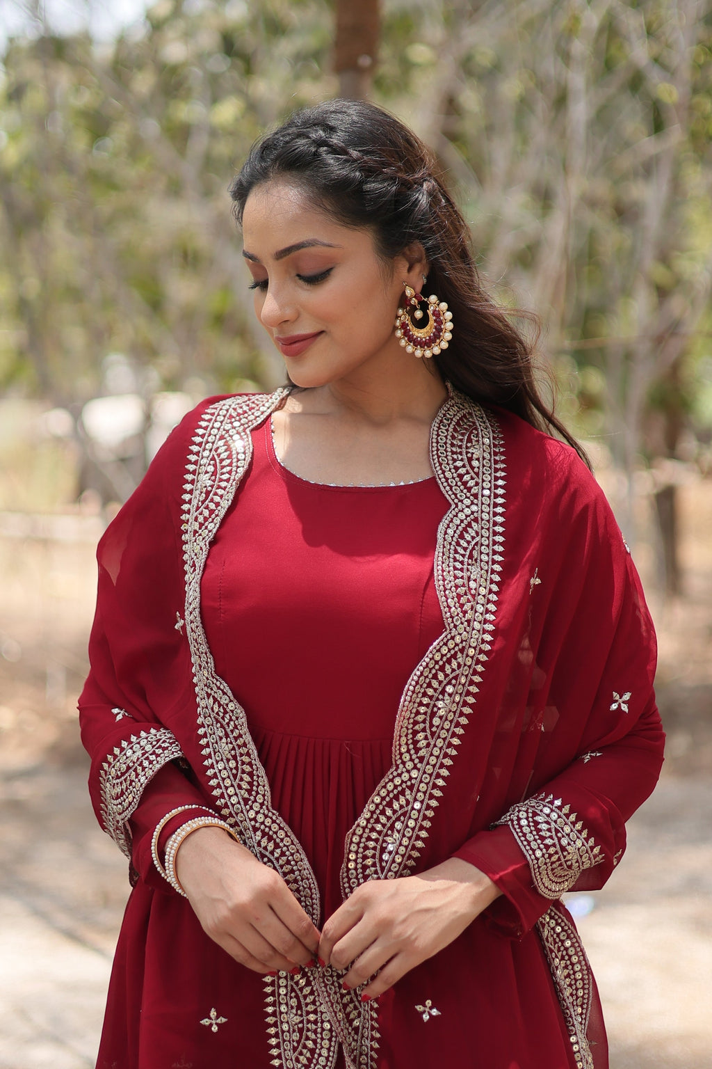 Shreeprada red georgette Anarkali gown set