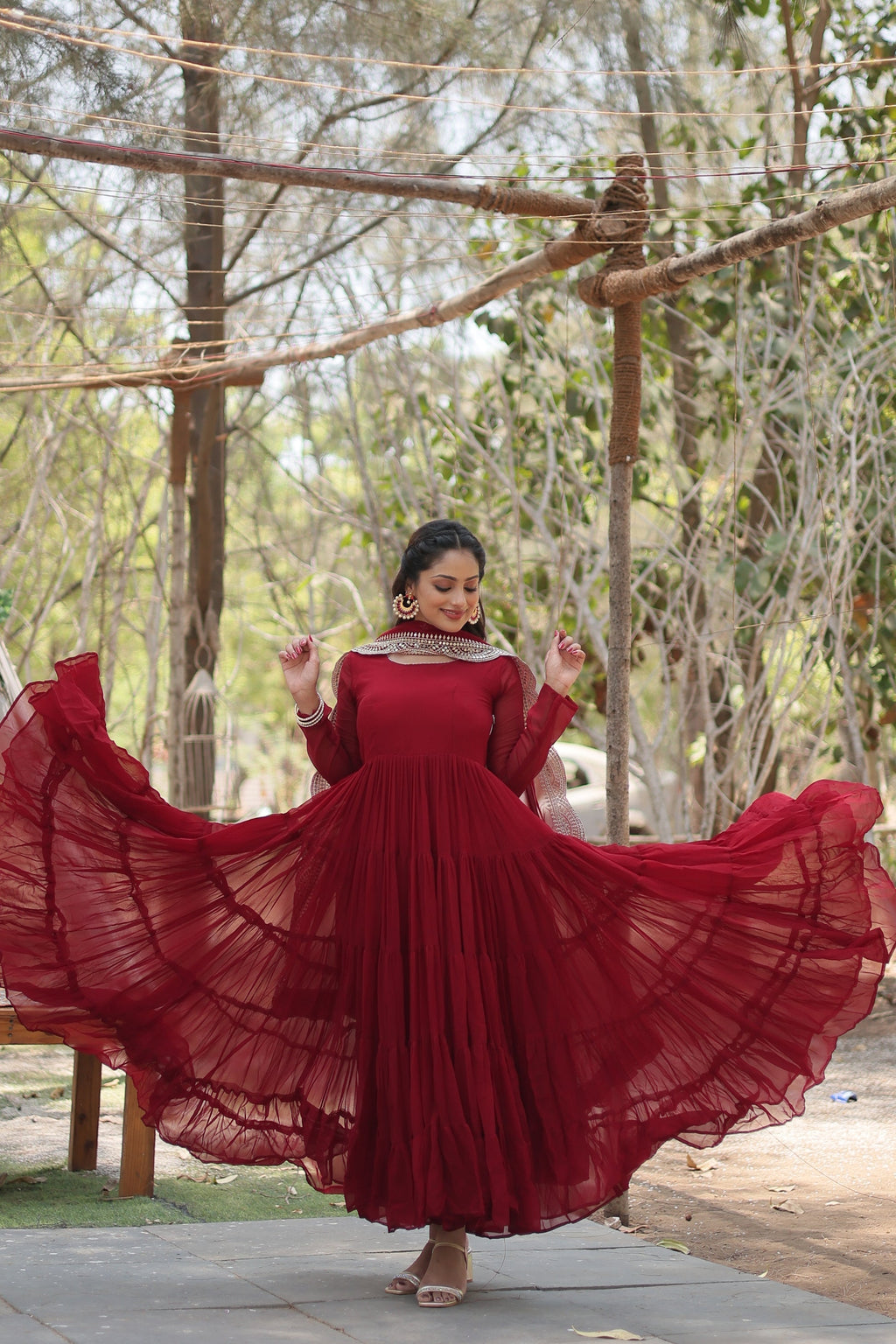 Shreeprada red georgette Anarkali gown set