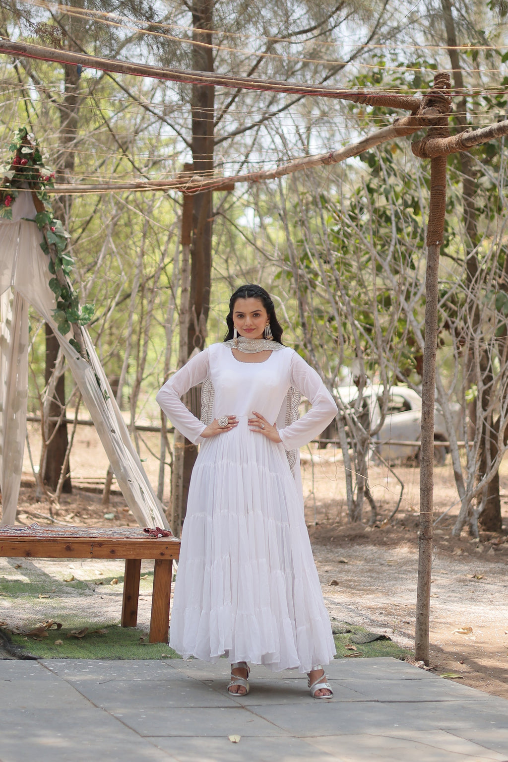 White georgette Shreeprada designer Anarkali gown