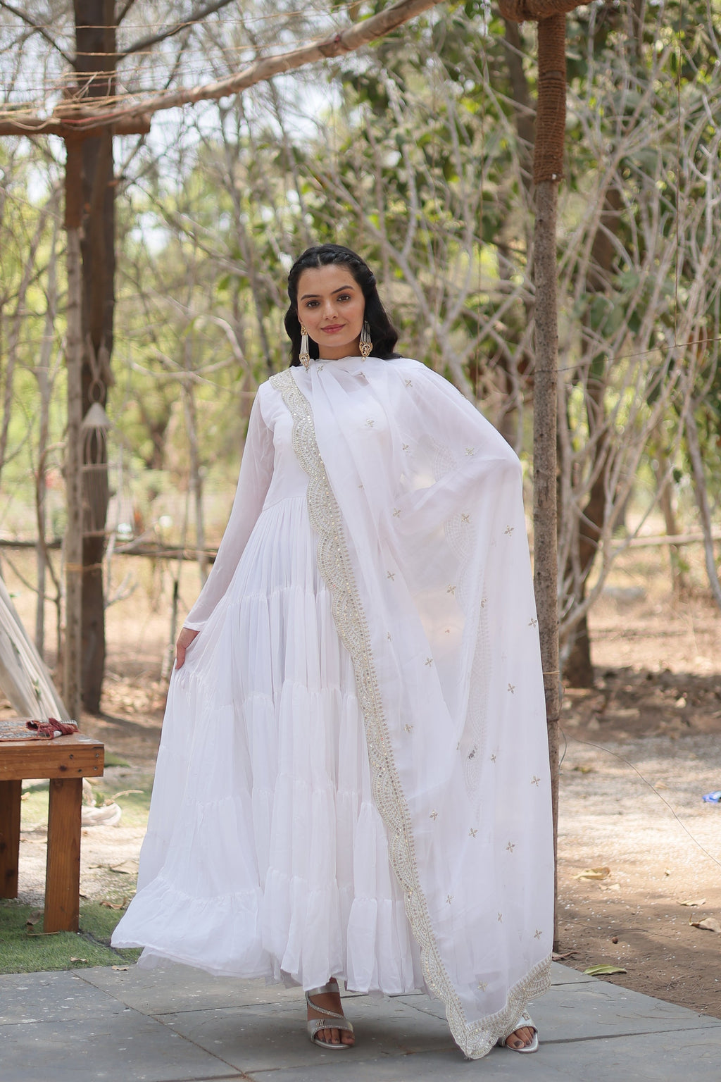 White georgette Shreeprada designer Anarkali gown