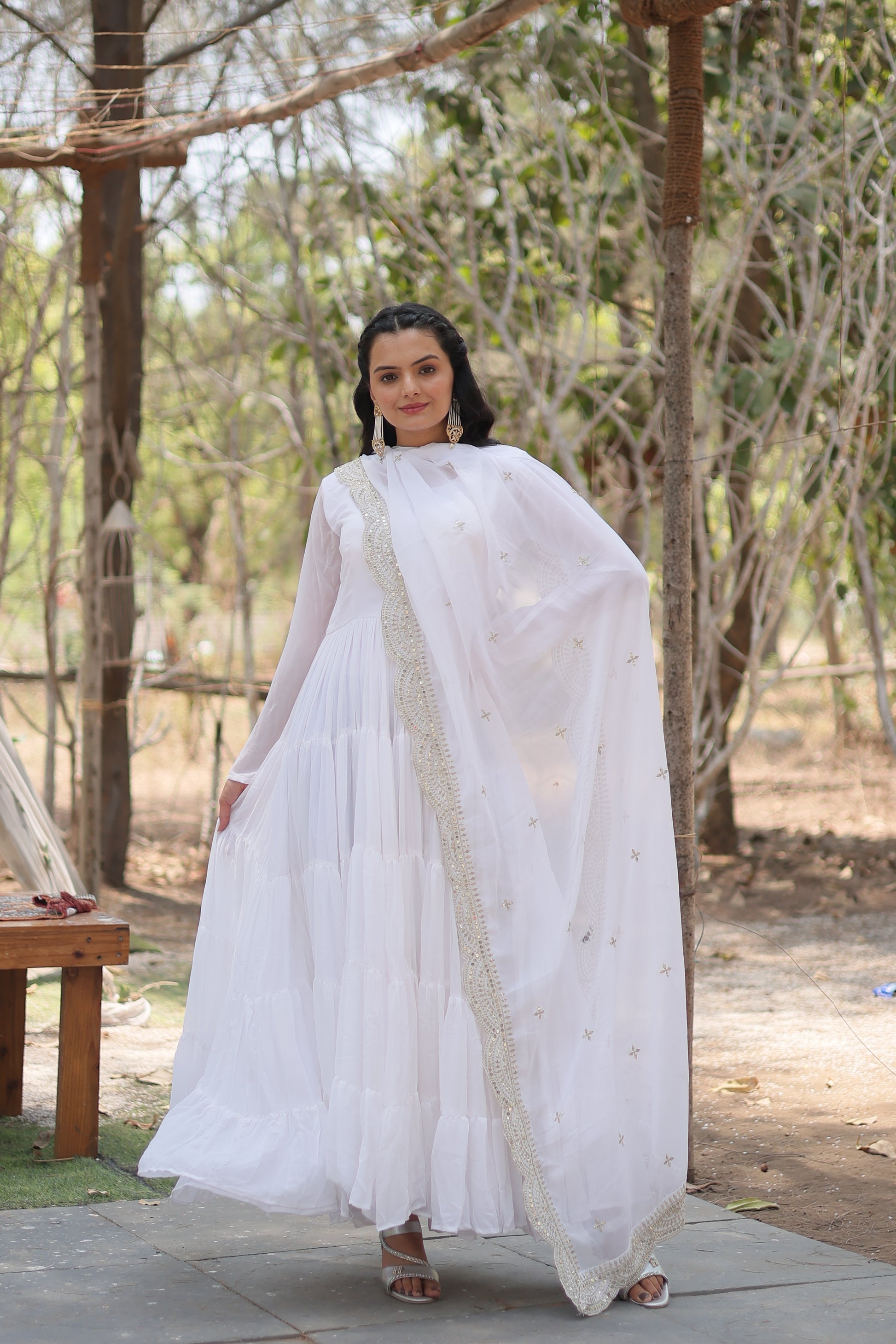 White georgette Shreeprada designer Anarkali gown
