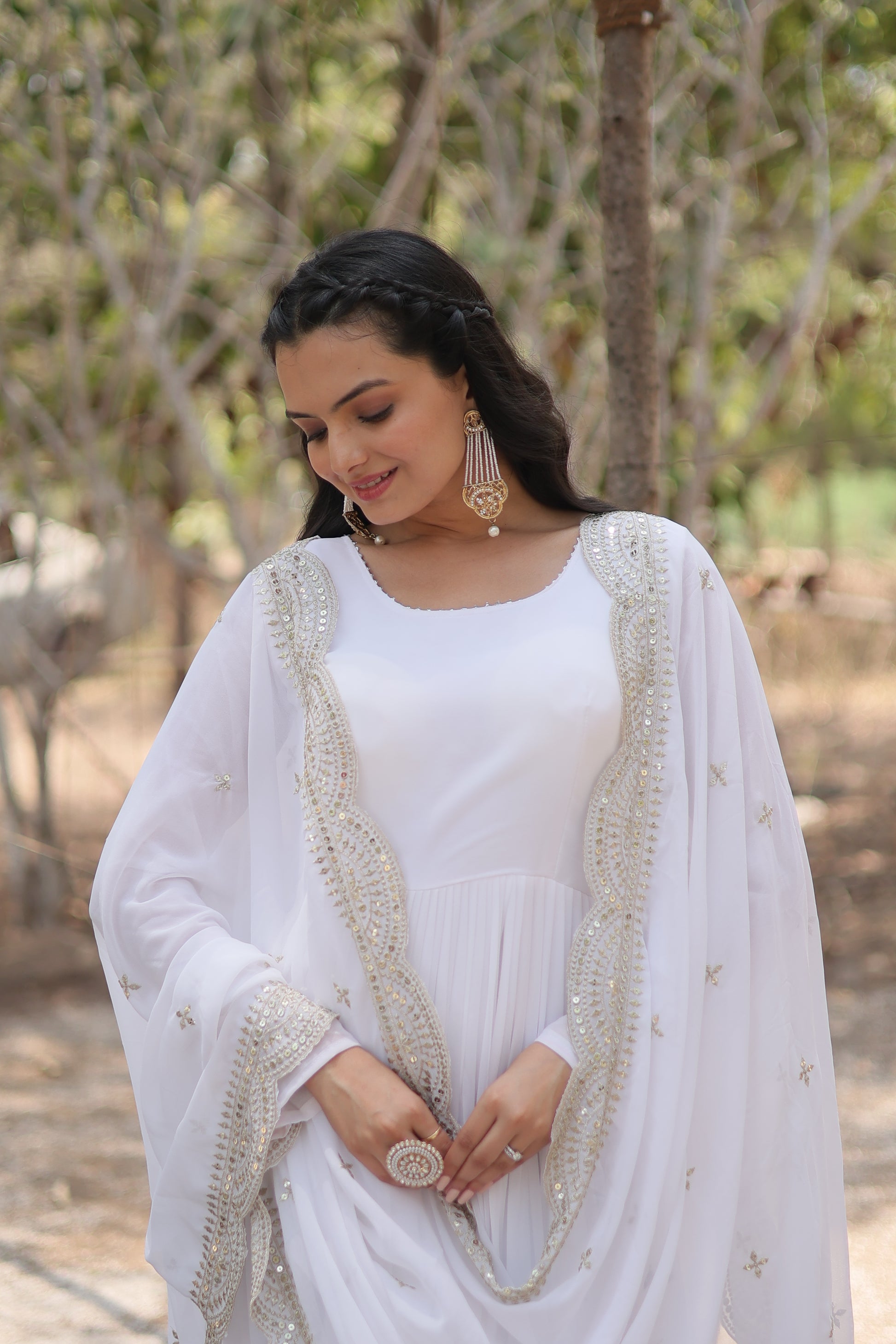 White georgette Shreeprada designer Anarkali gown