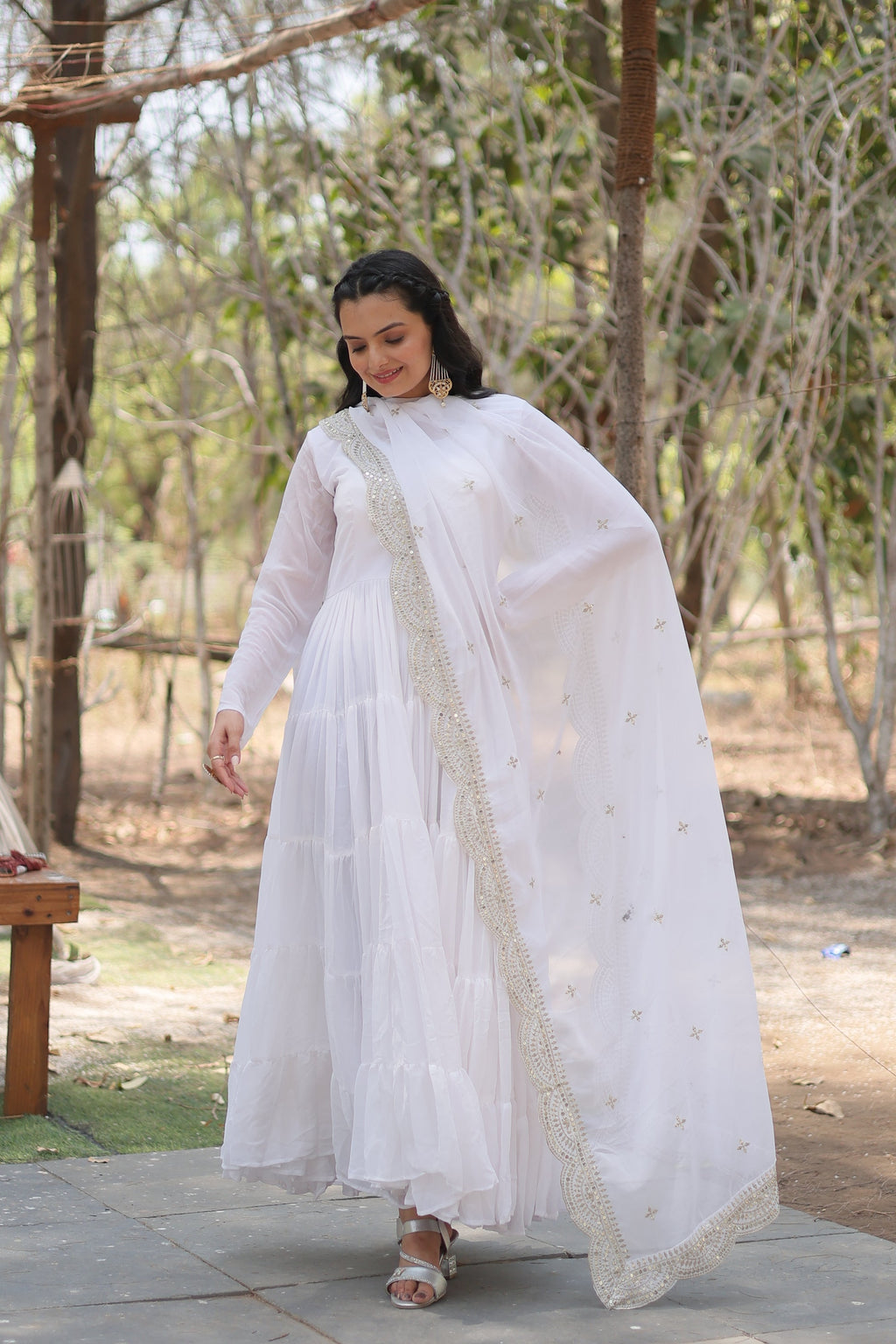 White georgette Shreeprada designer Anarkali gown