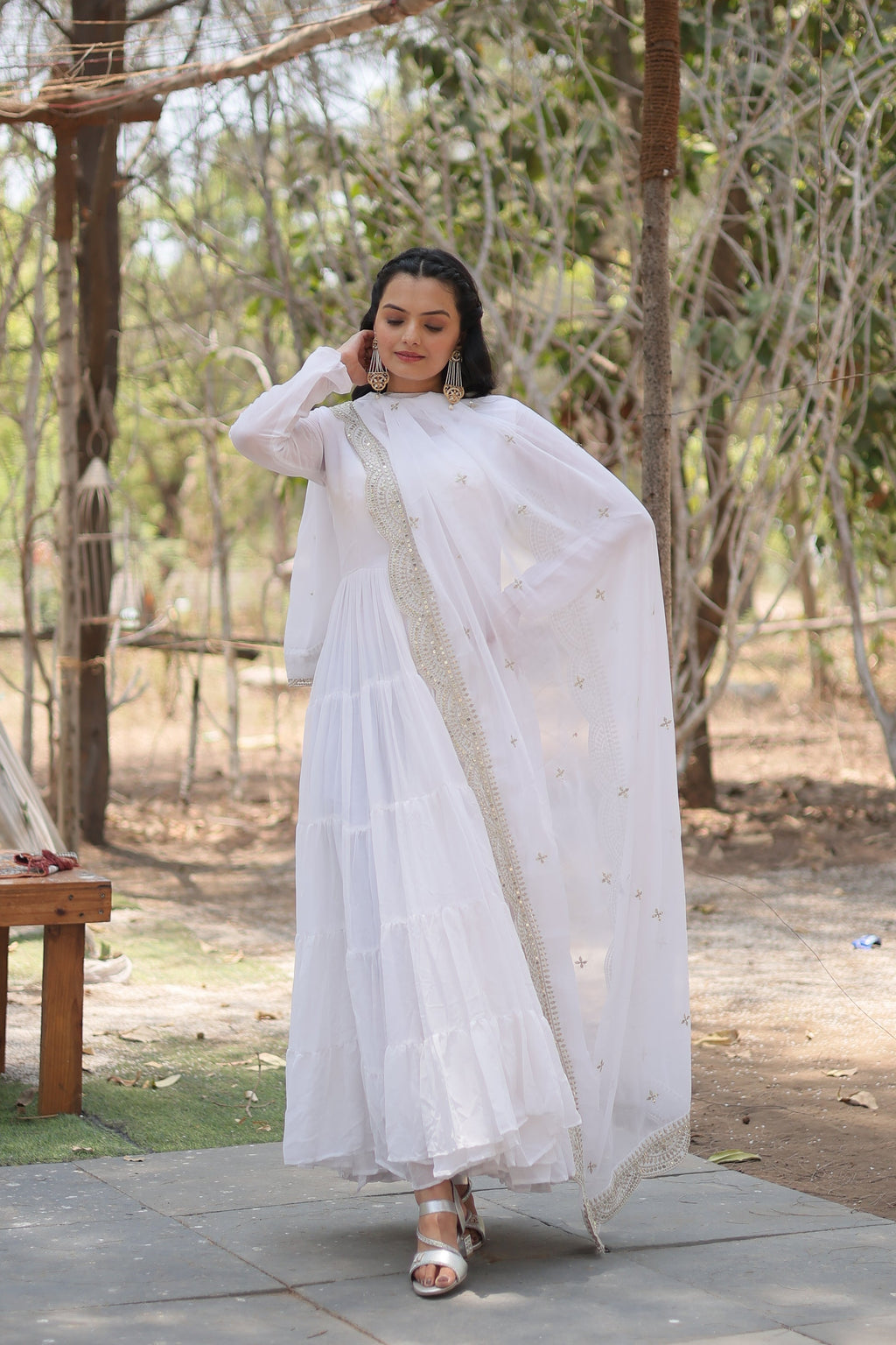 White georgette Shreeprada designer Anarkali gown