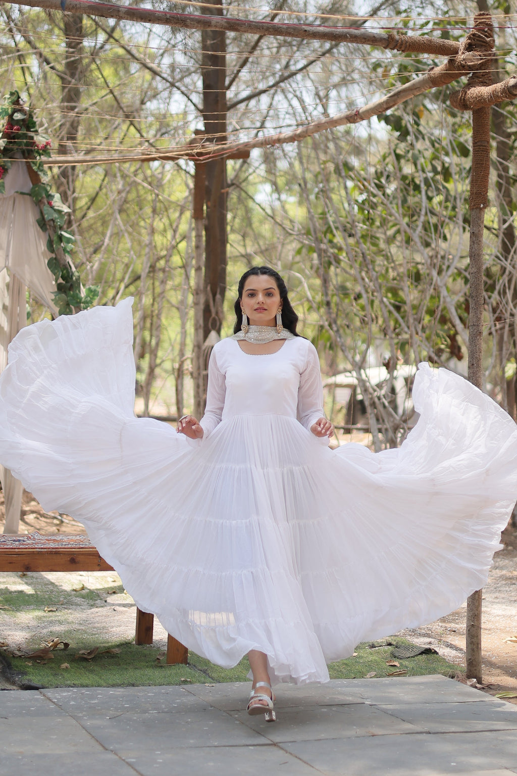 White georgette Shreeprada designer Anarkali gown