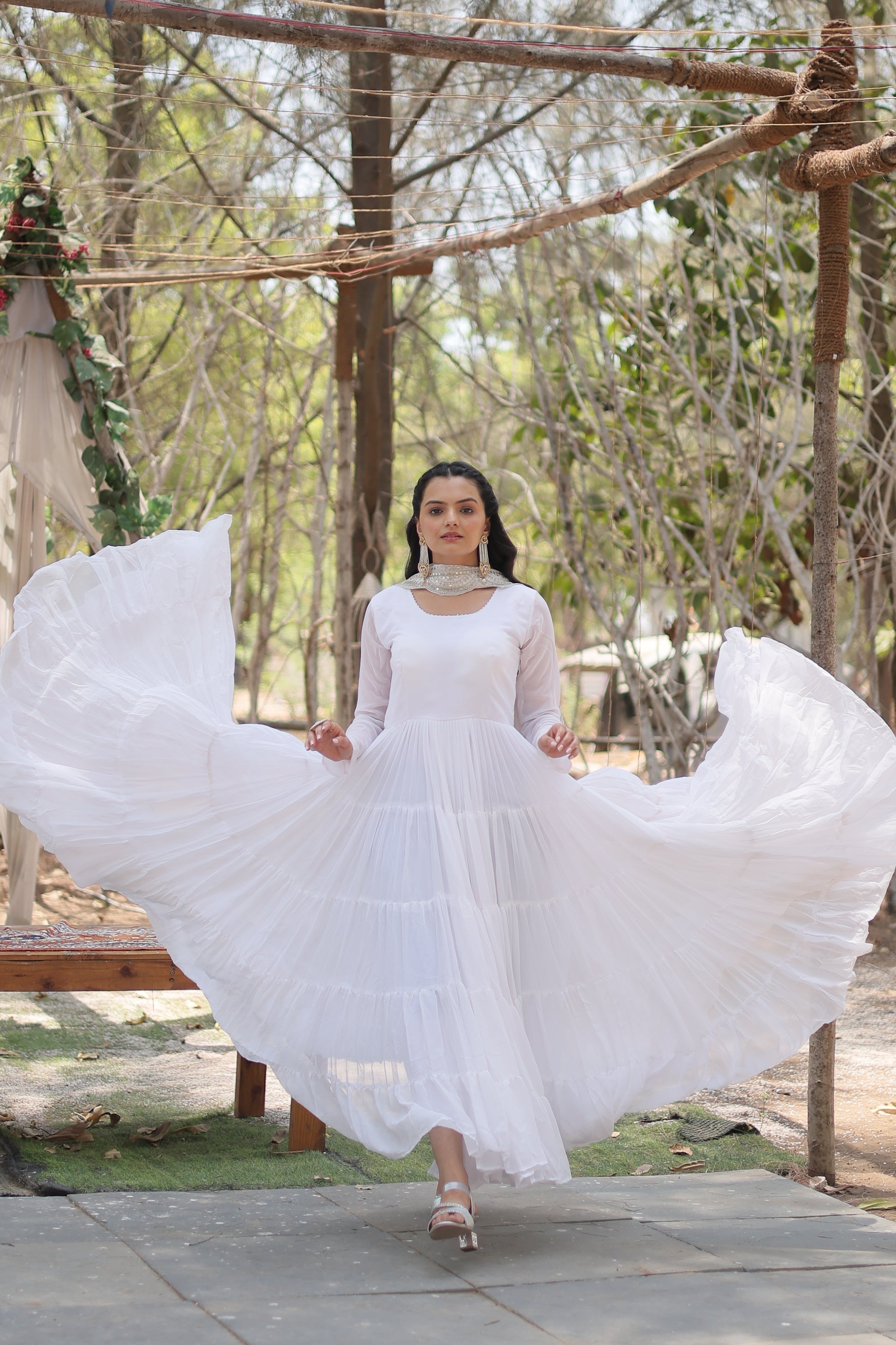 White georgette Shreeprada designer Anarkali gown