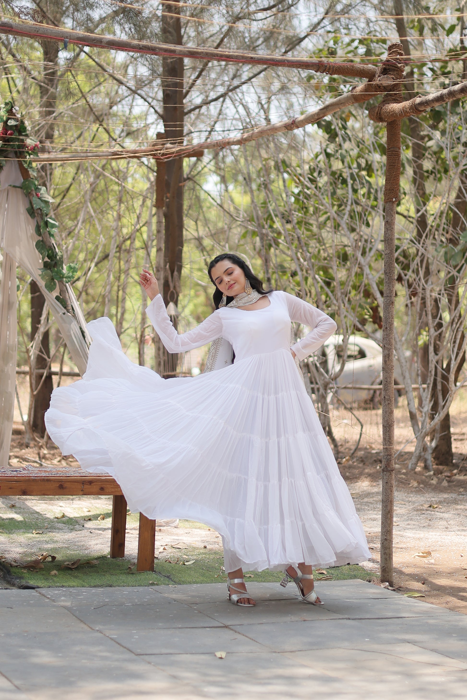 White georgette Shreeprada designer Anarkali gown