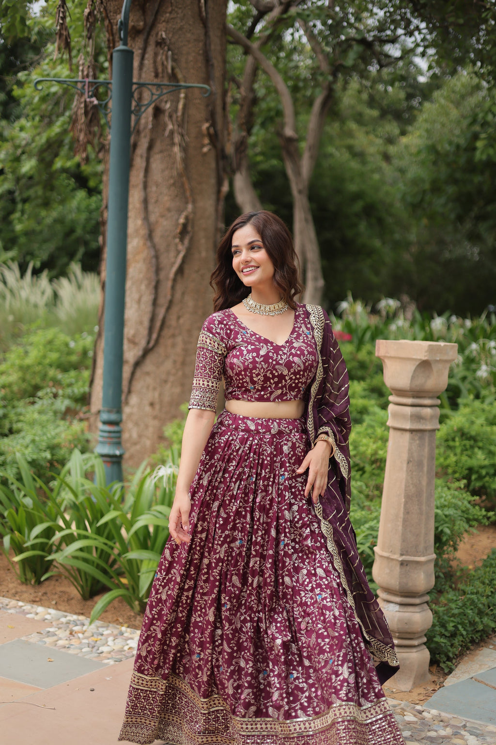 Wine viscose jacquard sequins embroidered Shrinika designer lehenga