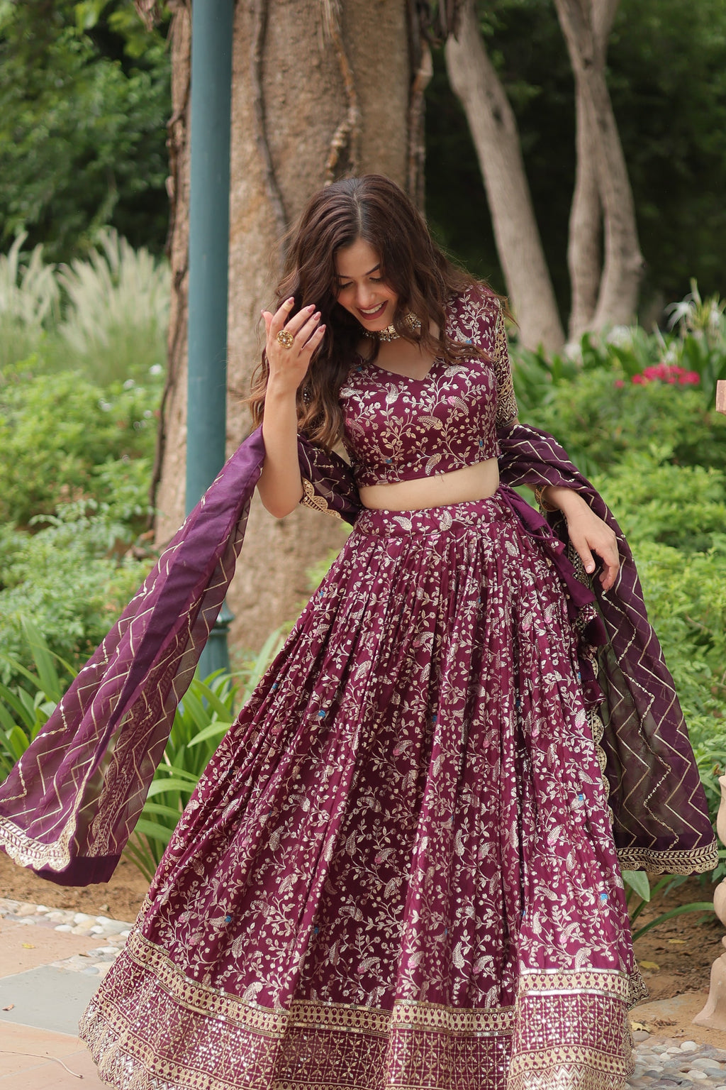 Wine viscose jacquard sequins embroidered Shrinika designer lehenga