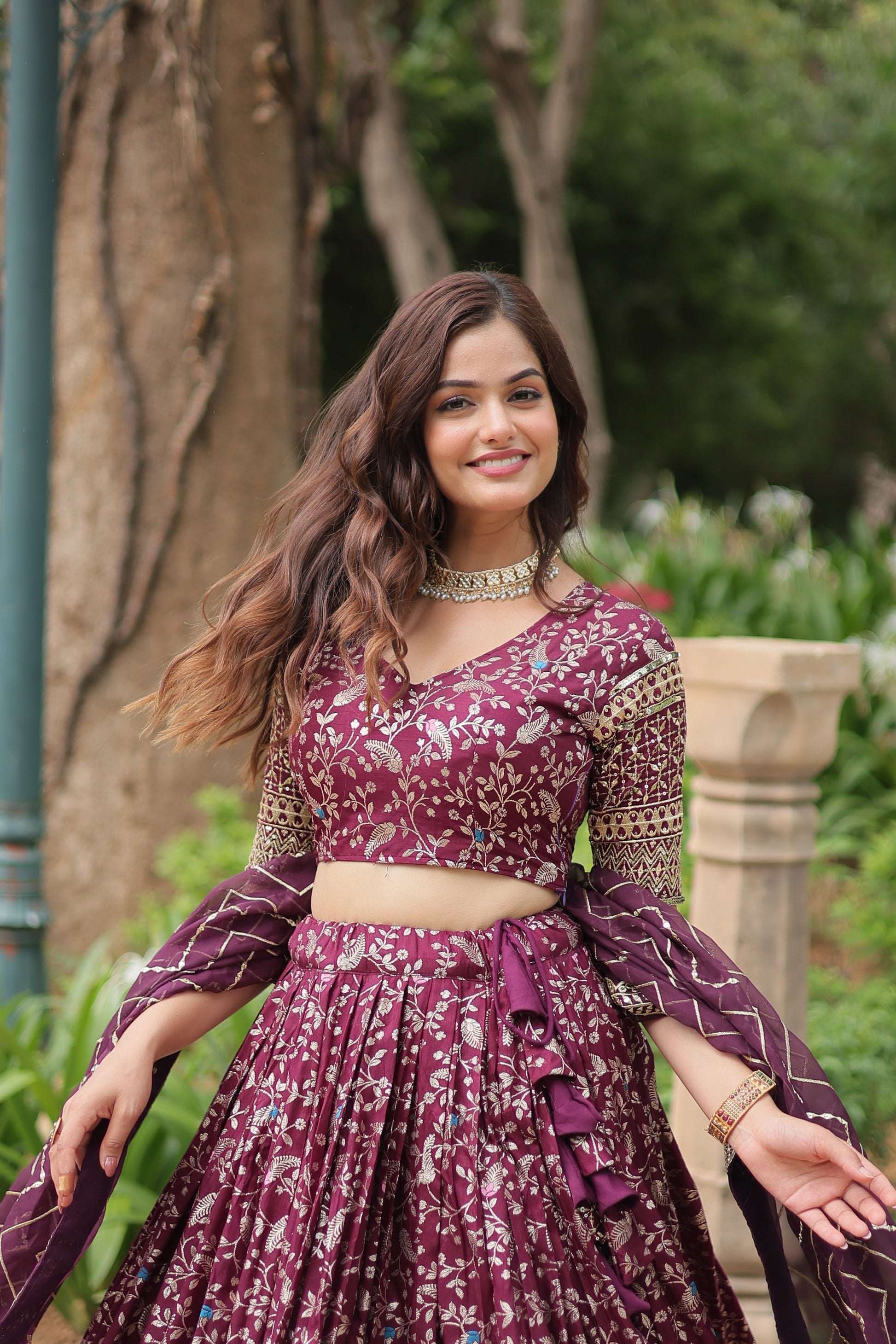 Wine viscose jacquard sequins embroidered Shrinika designer lehenga