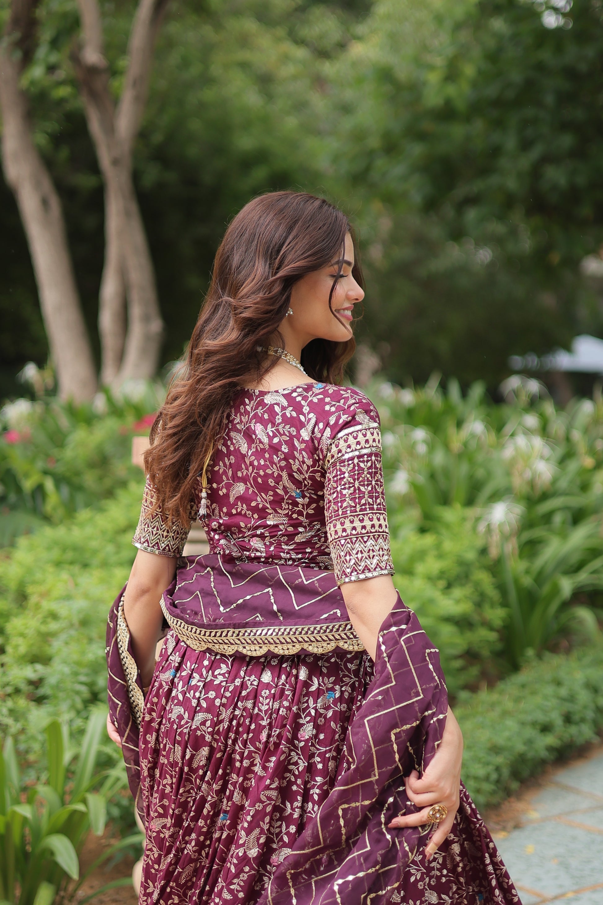 Wine viscose jacquard sequins embroidered Shrinika designer lehenga