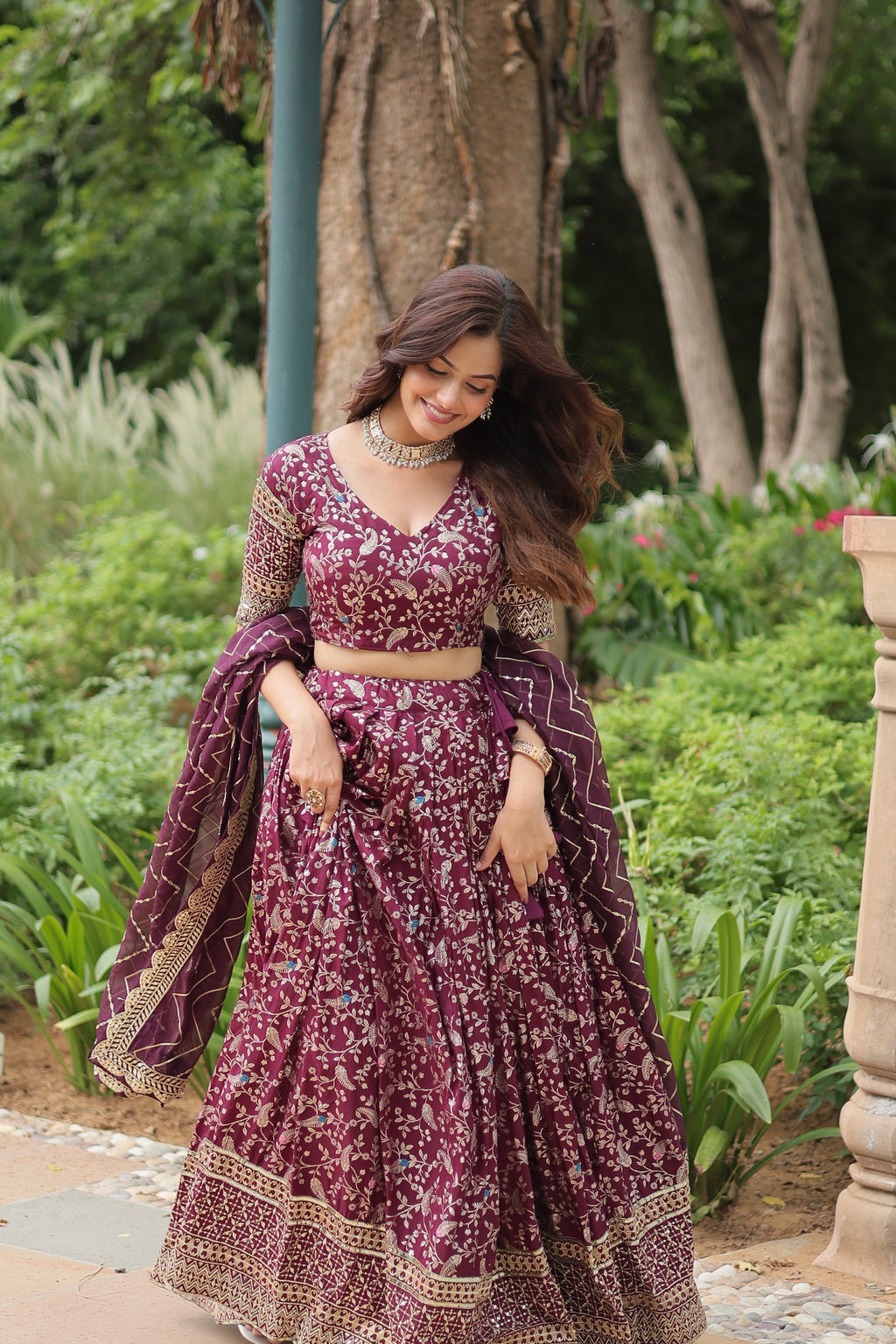 Wine viscose jacquard sequins embroidered Shrinika designer lehenga