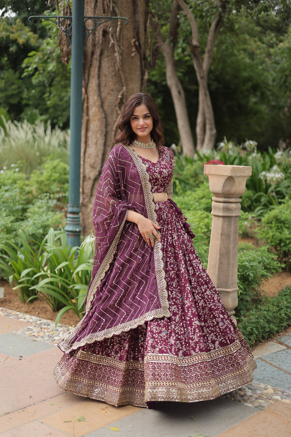 Wine viscose jacquard sequins embroidered Shrinika designer lehenga
