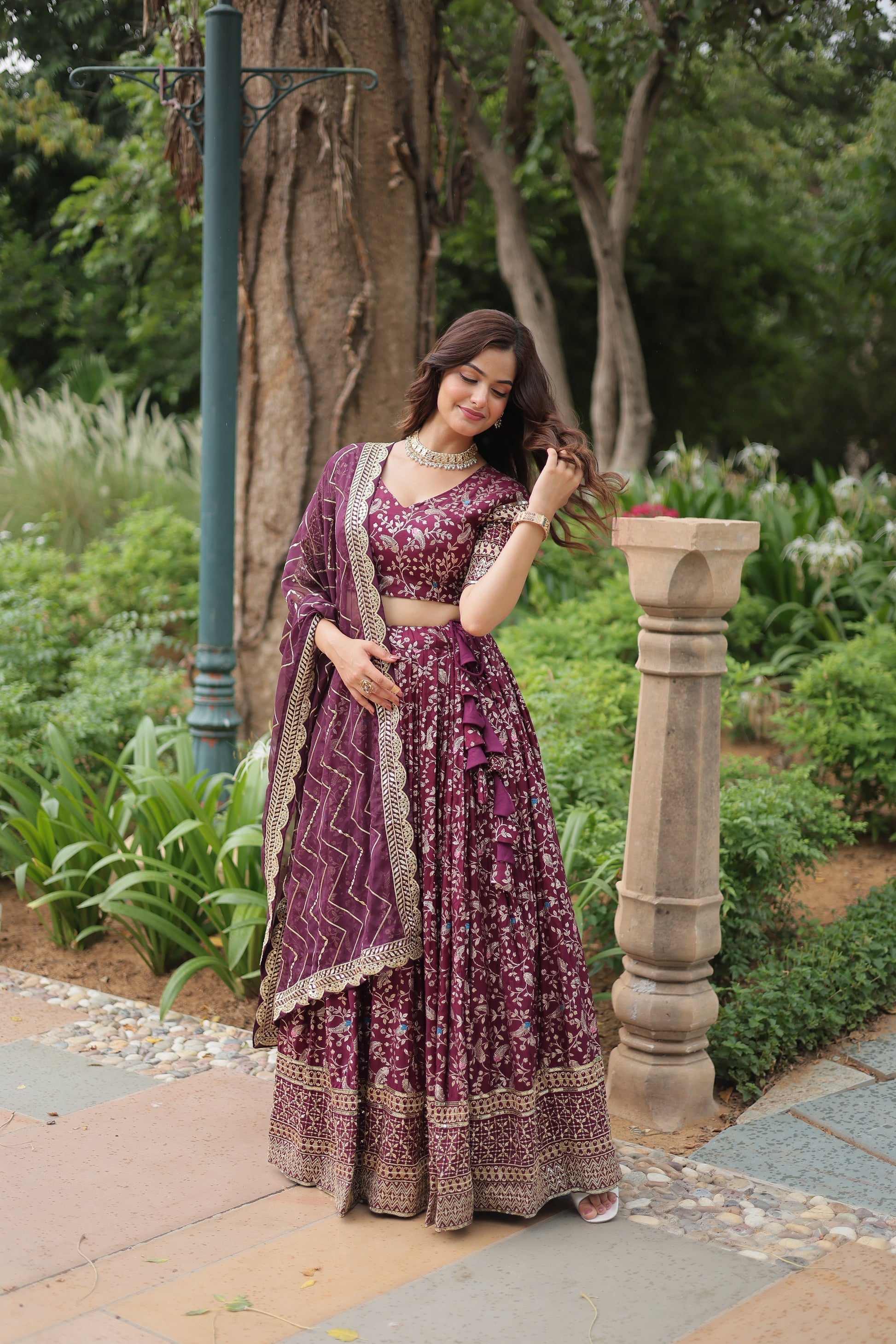 Wine viscose jacquard sequins embroidered Shrinika designer lehenga