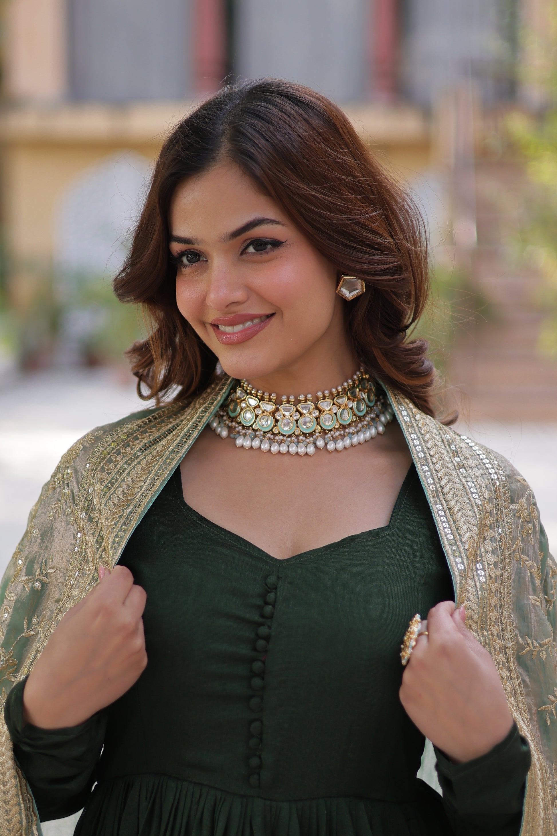 Green embroidered flared Shruti designer Anarkali gown