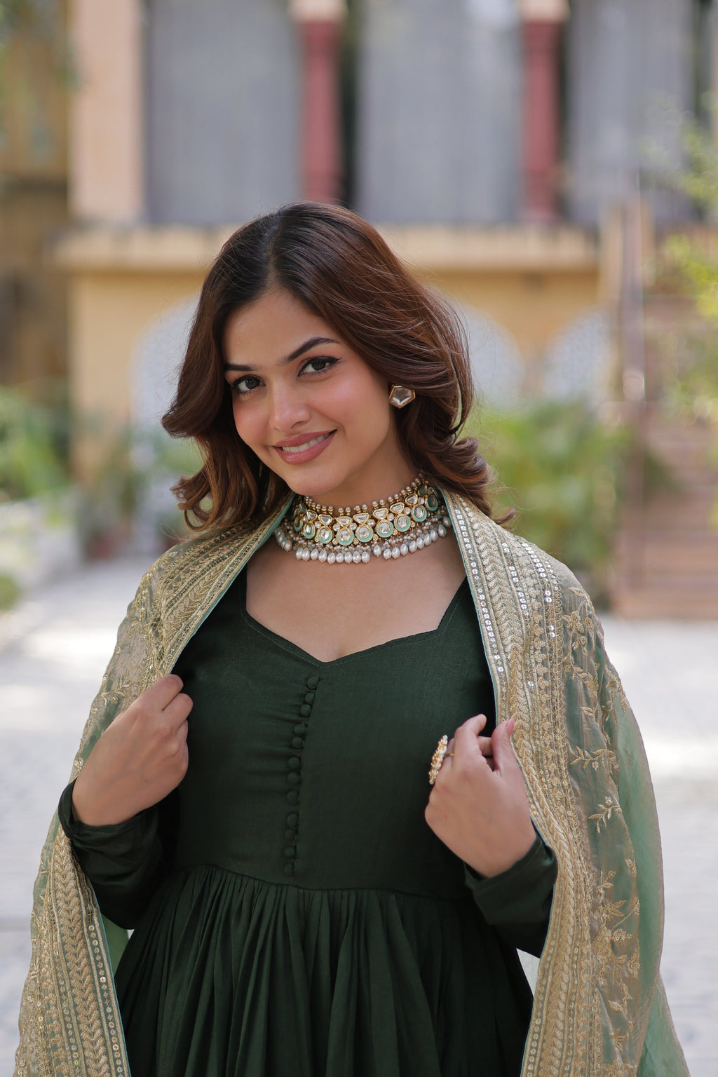 Green embroidered flared Shruti designer Anarkali gown