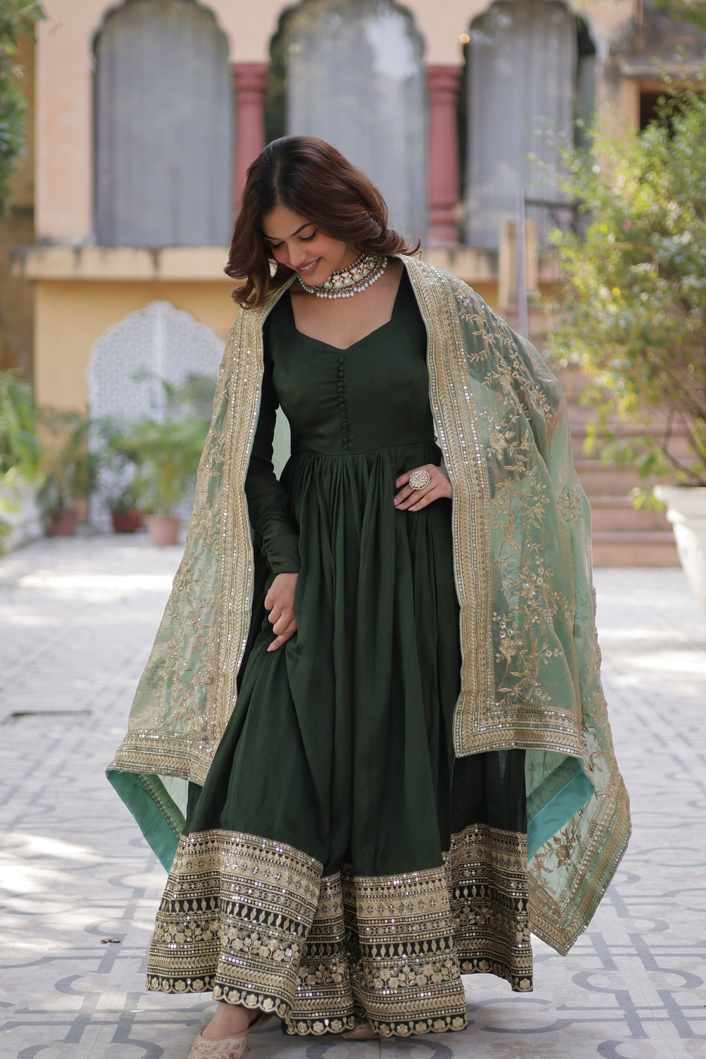 Green embroidered flared Shruti designer Anarkali gown