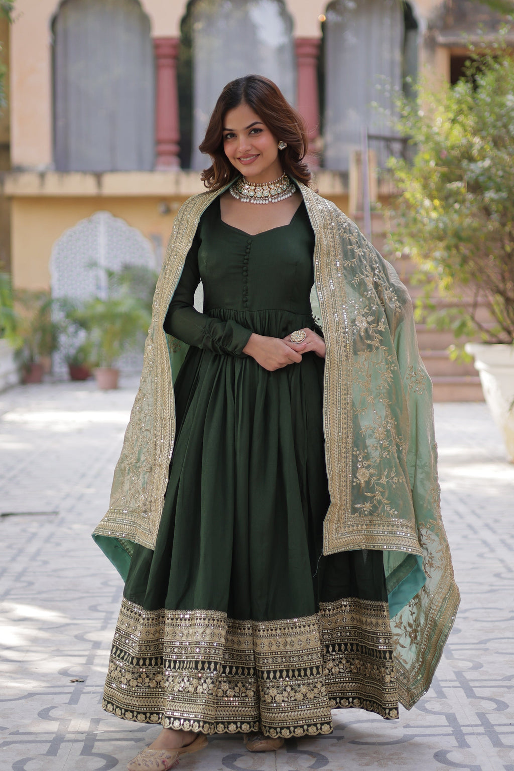 Green embroidered flared Shruti designer Anarkali gown
