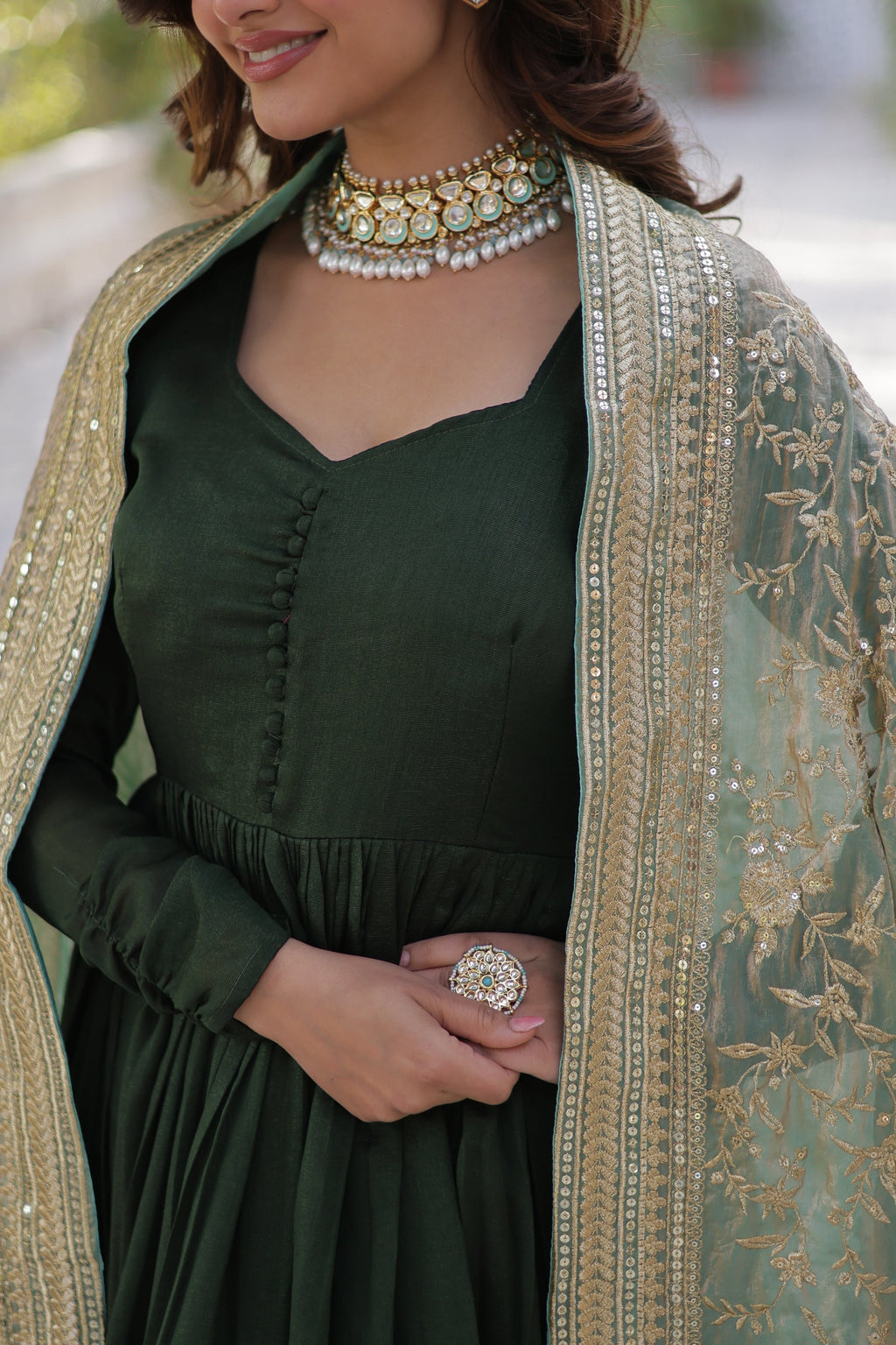 Green embroidered flared Shruti designer Anarkali gown