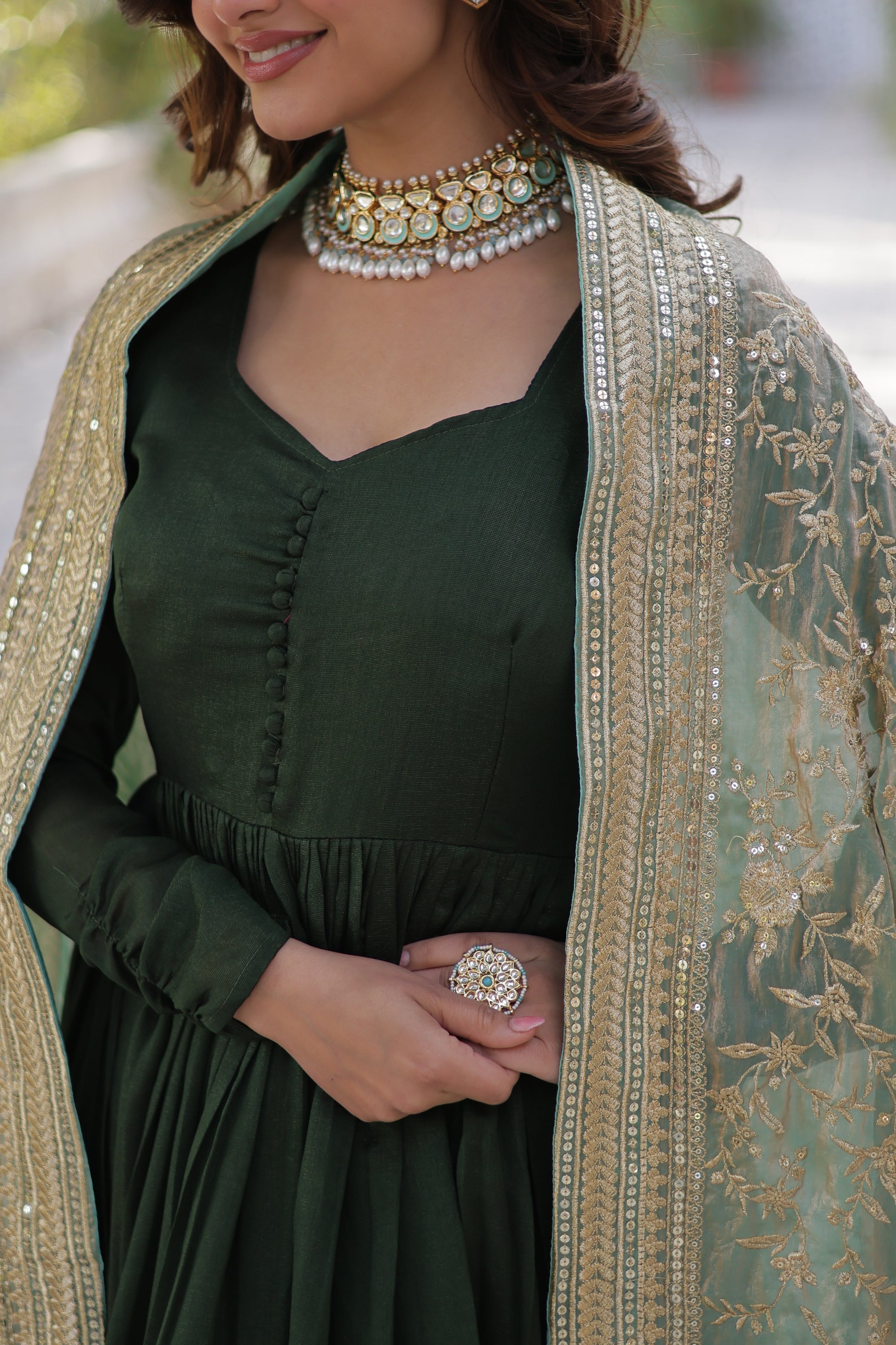 Green embroidered flared Shruti designer Anarkali gown