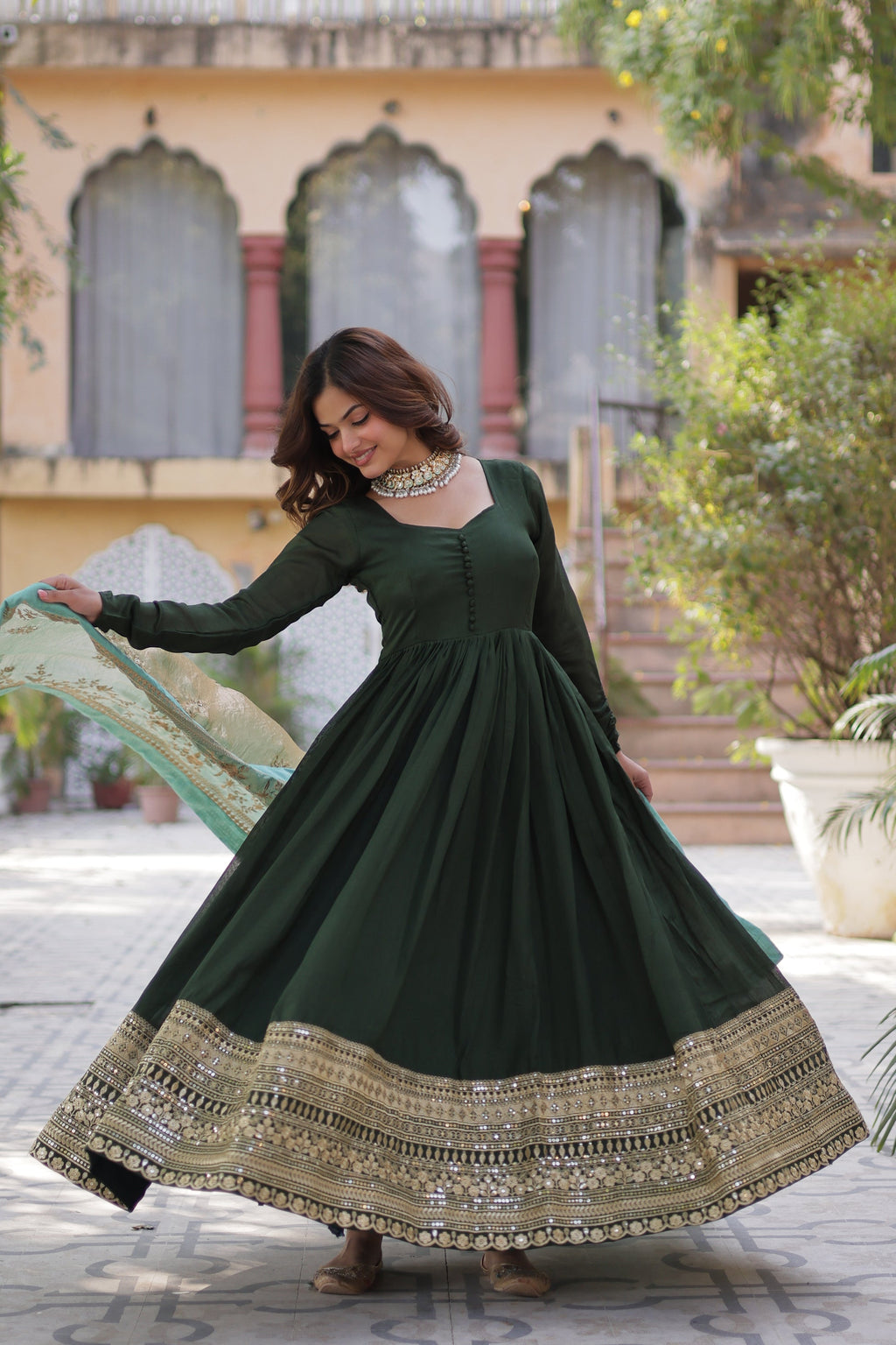 Green embroidered flared Shruti designer Anarkali gown