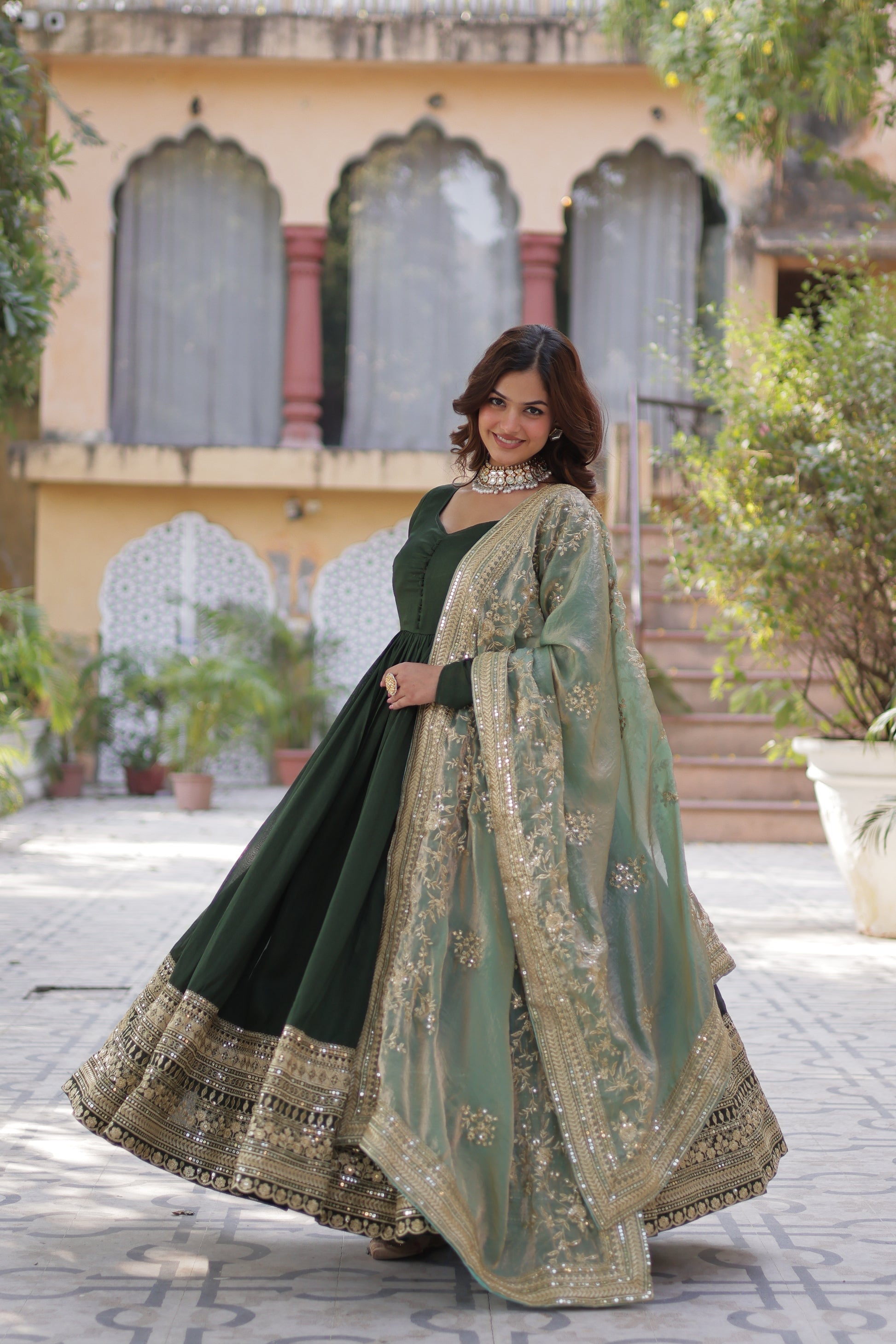 Green embroidered flared Shruti designer Anarkali gown