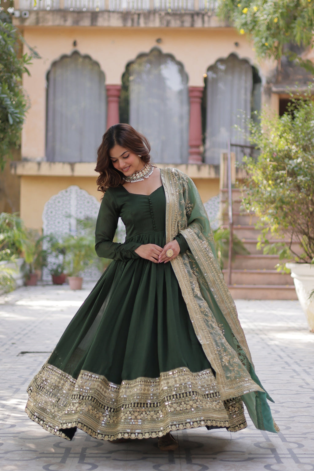 Green embroidered flared Shruti designer Anarkali gown