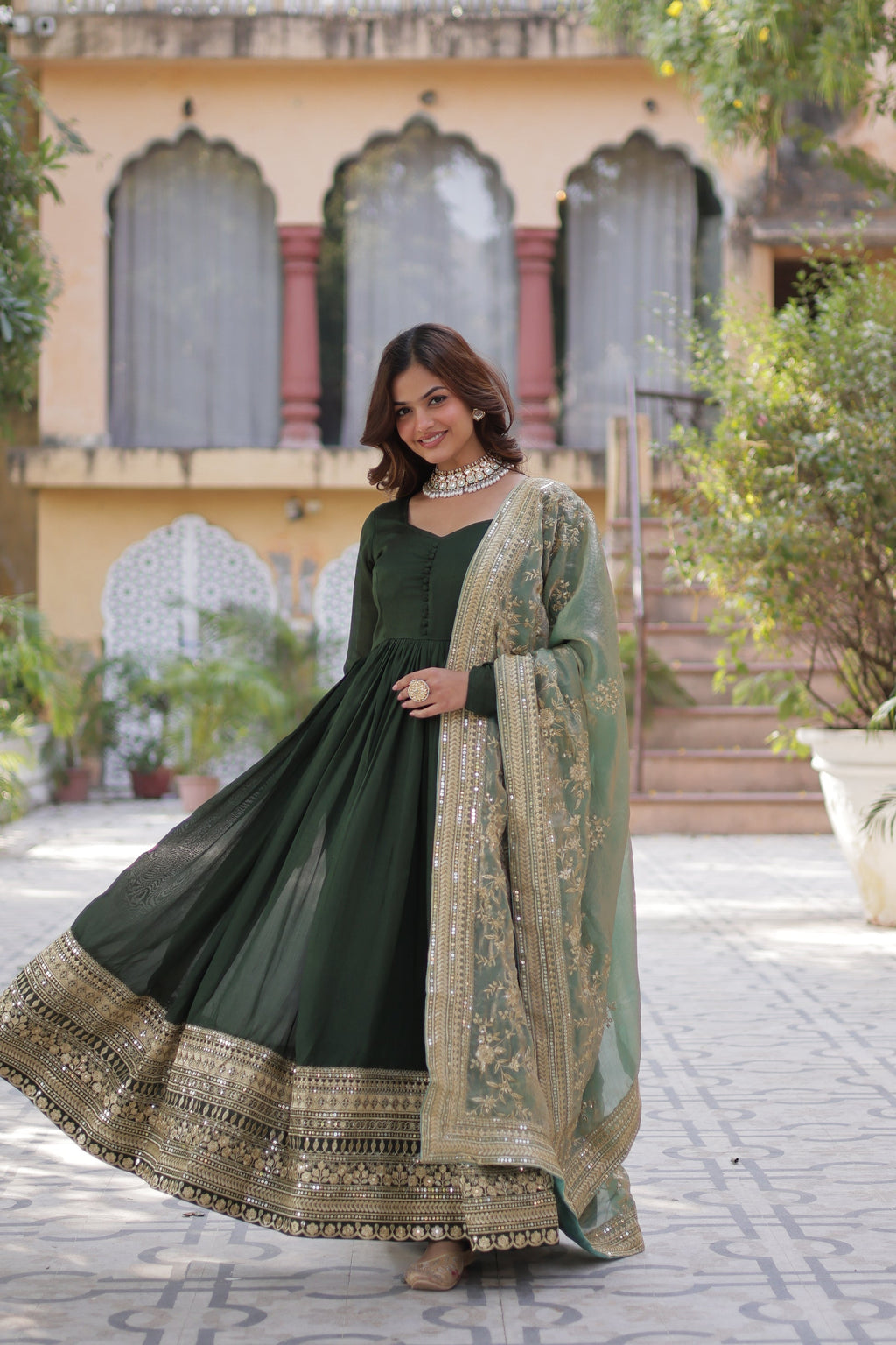 Green embroidered flared Shruti designer Anarkali gown