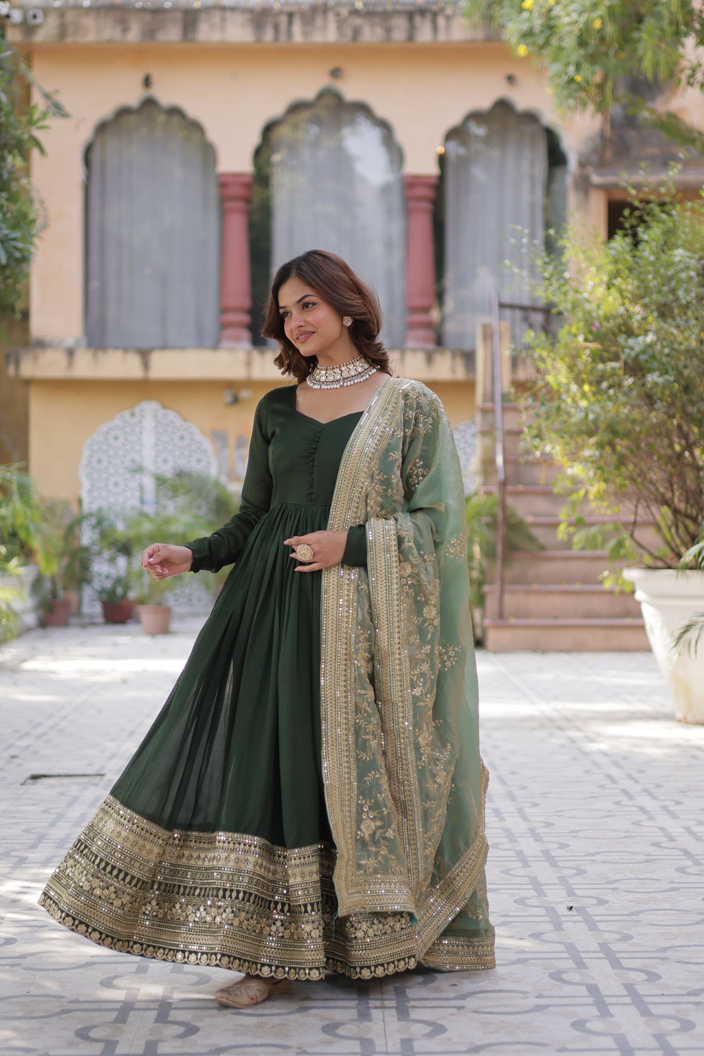 Green embroidered flared Shruti designer Anarkali gown