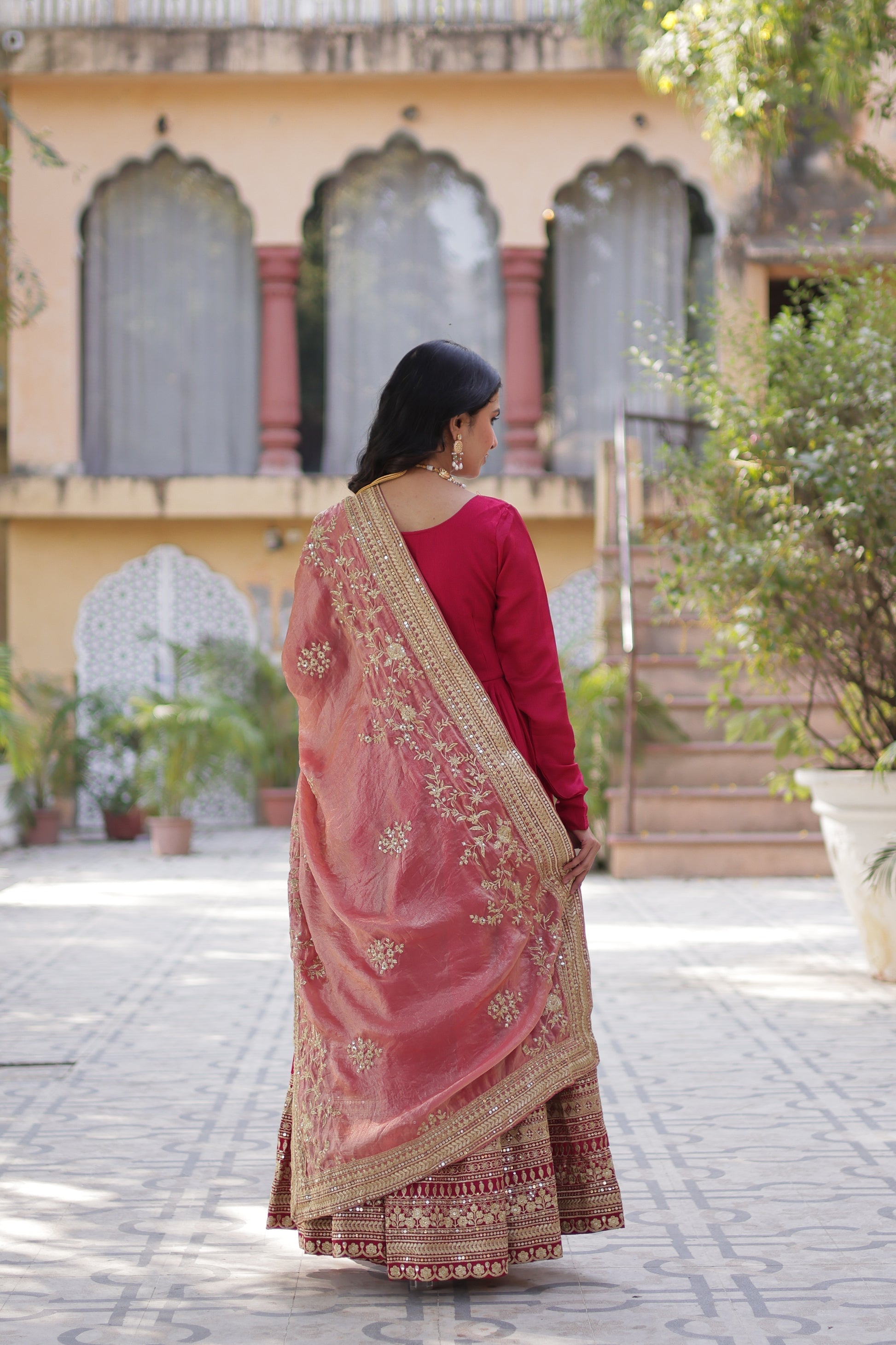 Pink embroidered flared Shruti designer Anarkali gown