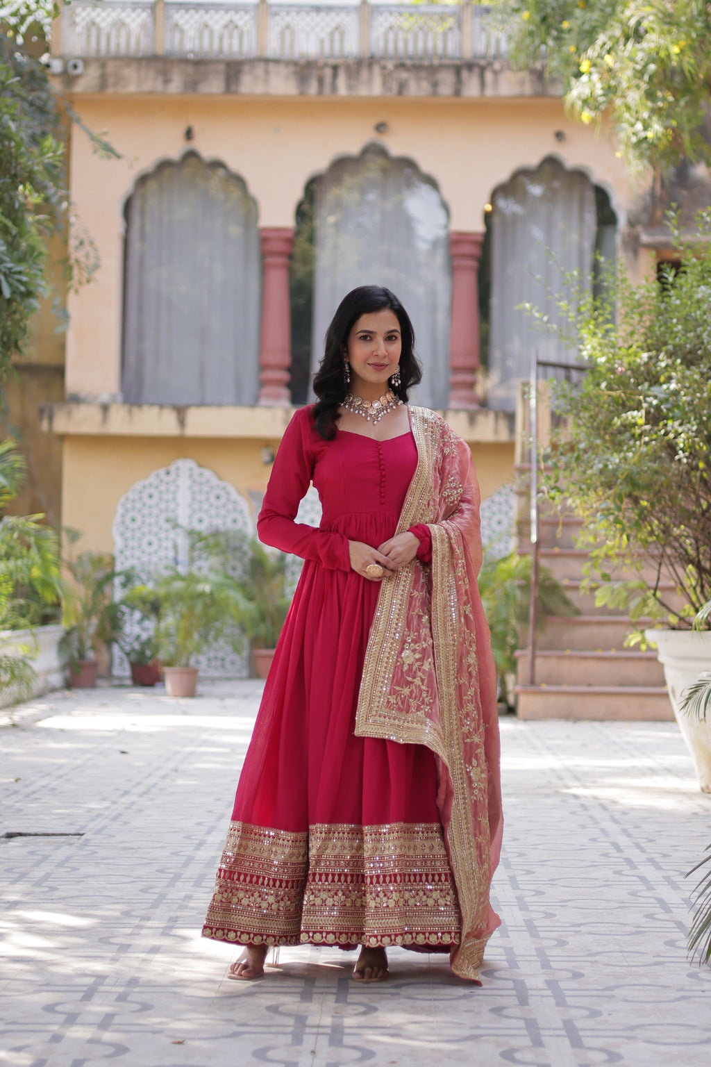 Pink embroidered flared Shruti designer Anarkali gown