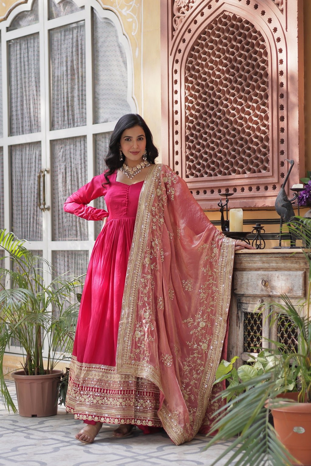 Pink embroidered flared Shruti designer Anarkali gown