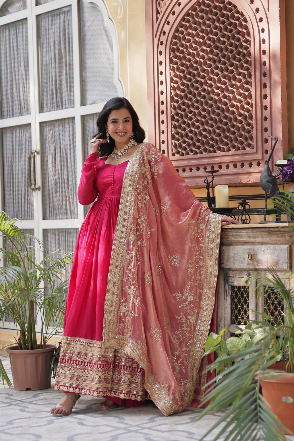 Pink embroidered flared Shruti designer Anarkali gown