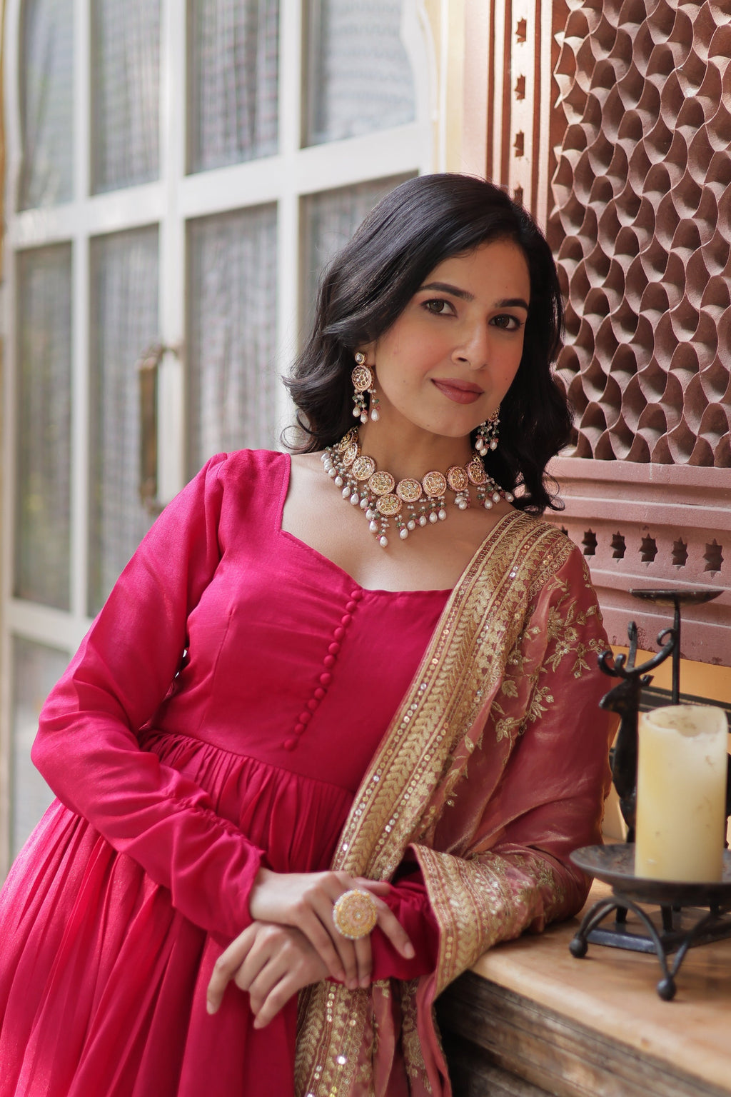 Pink embroidered flared Shruti designer Anarkali gown