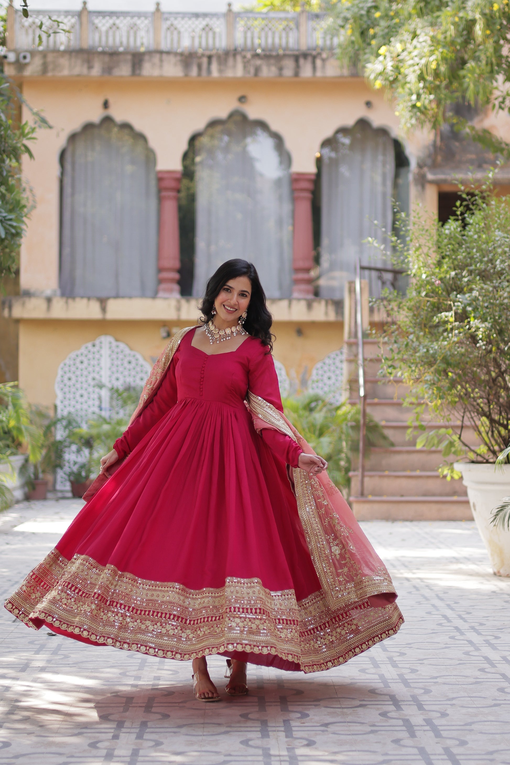 Pink embroidered flared Shruti designer Anarkali gown