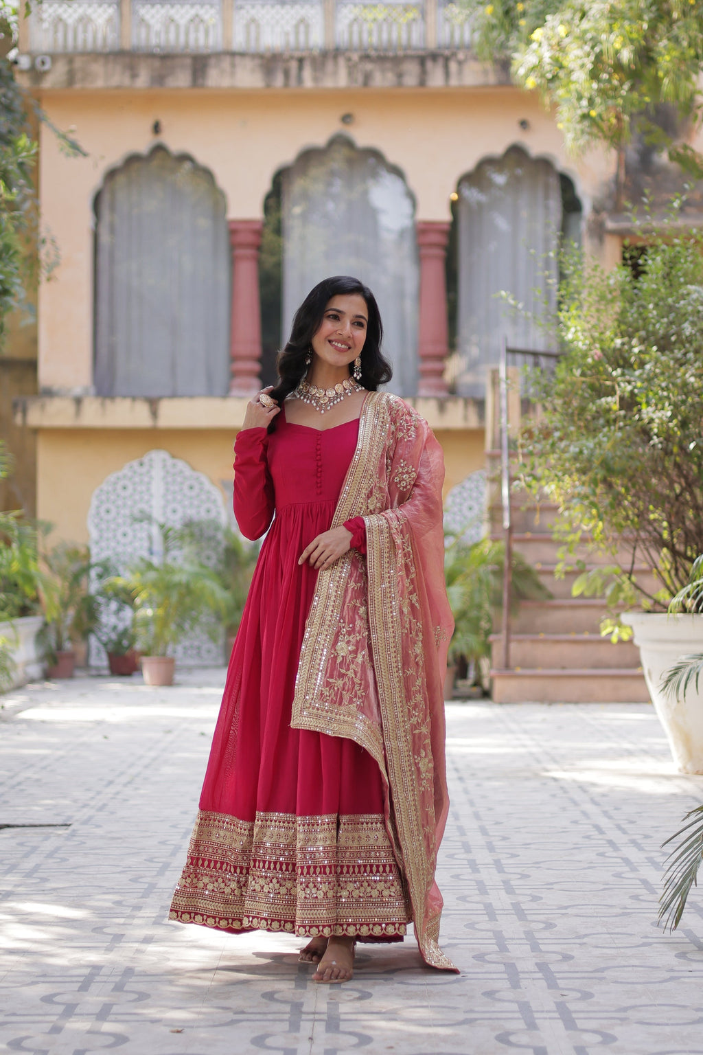 Pink embroidered flared Shruti designer Anarkali gown