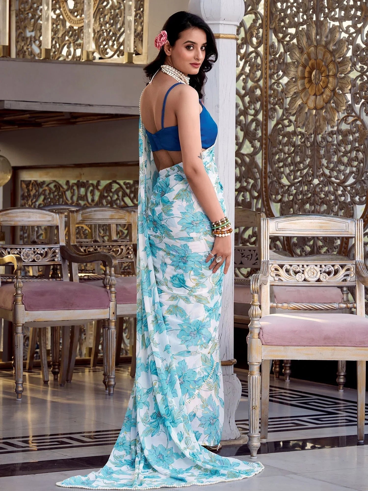 Sky blue chiffon floral print pearl lace border saree with blouse