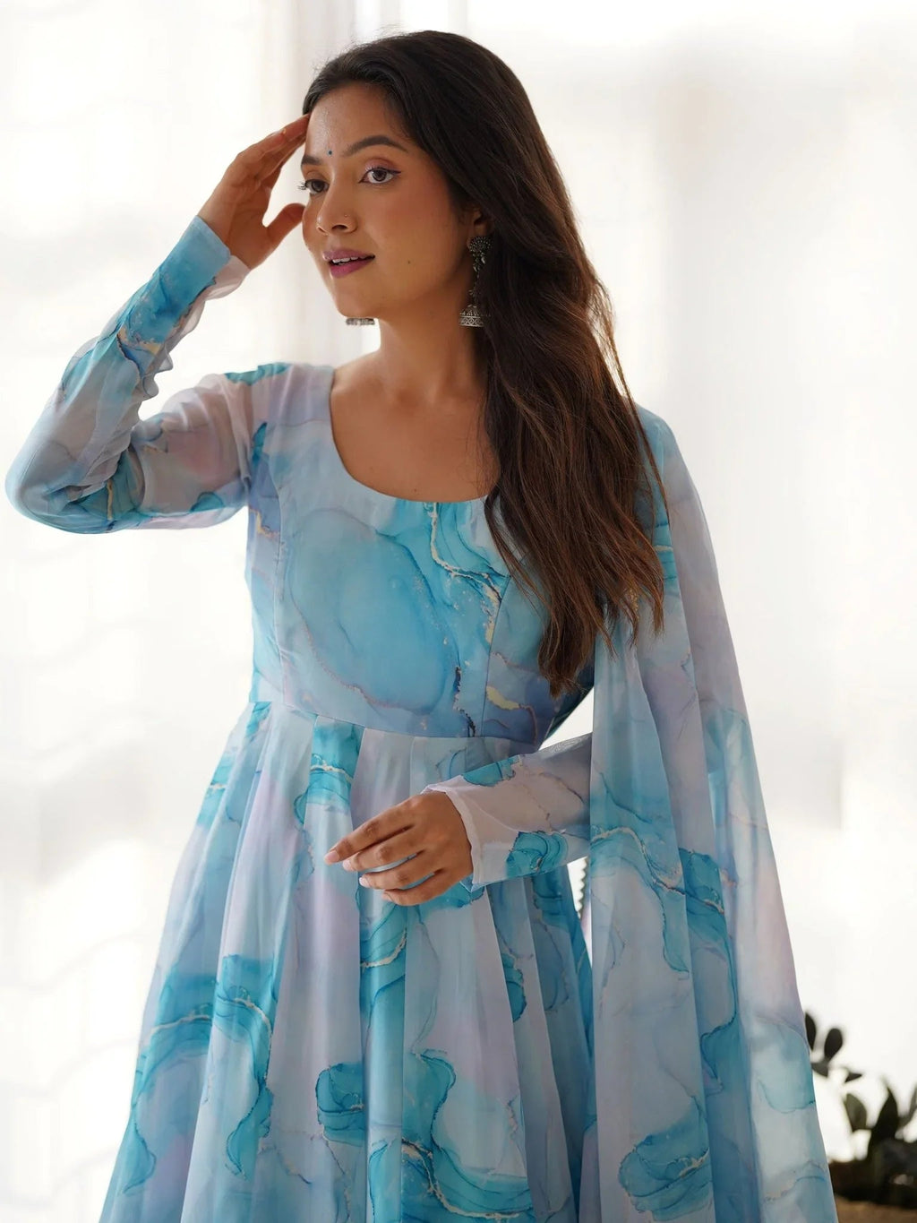 Sky blue organza silk marble print Anarkali suit set with dupatta