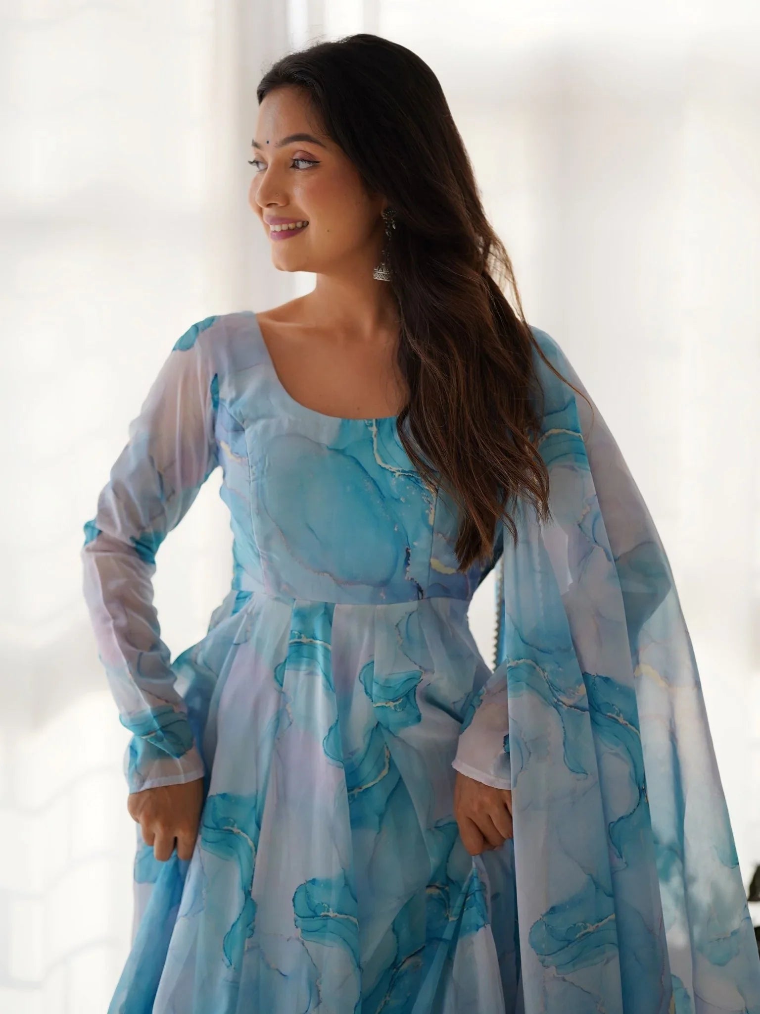 Sky blue organza silk marble print Anarkali suit set with dupatta