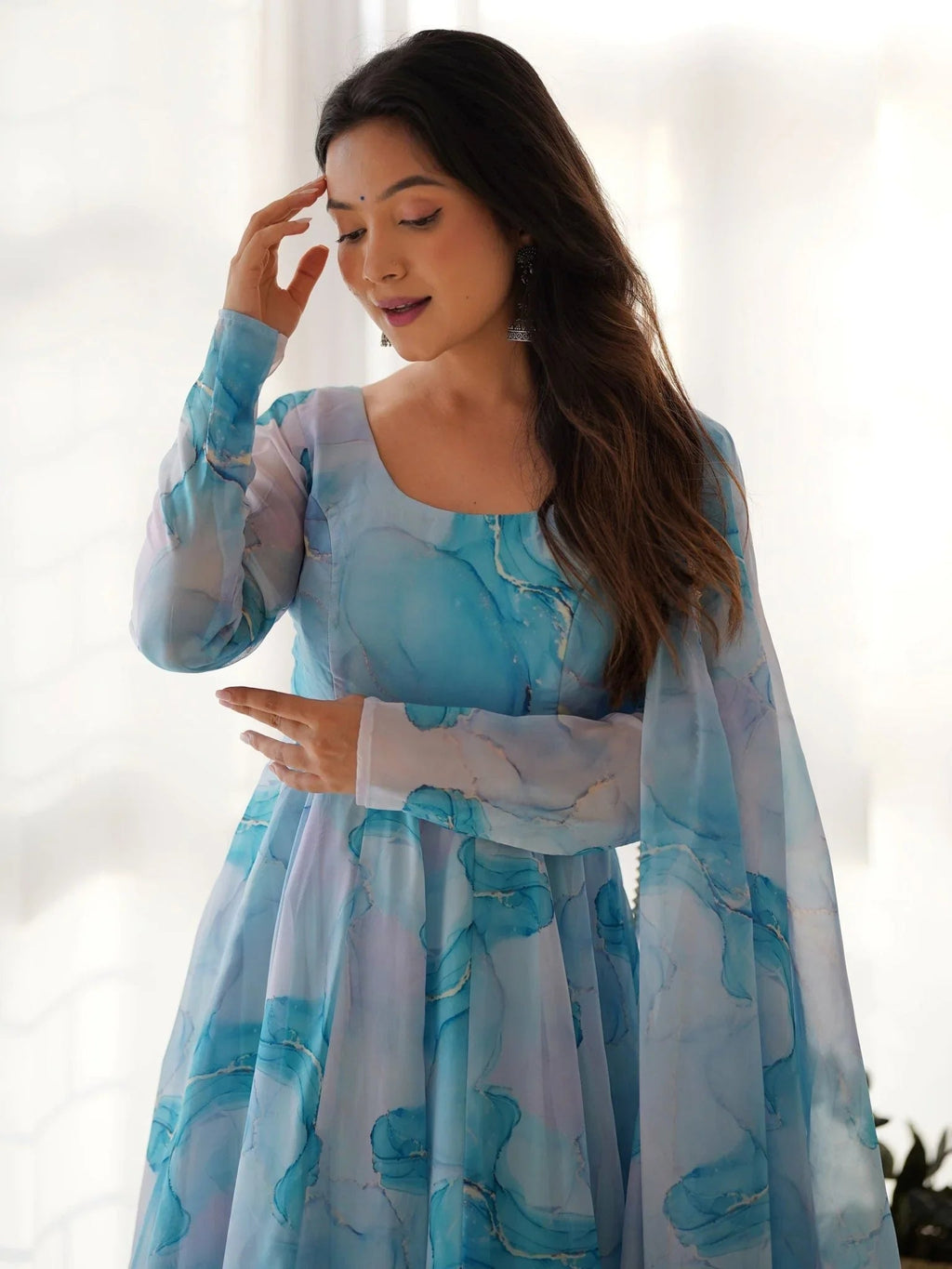 Sky blue organza silk marble print Anarkali suit set with dupatta