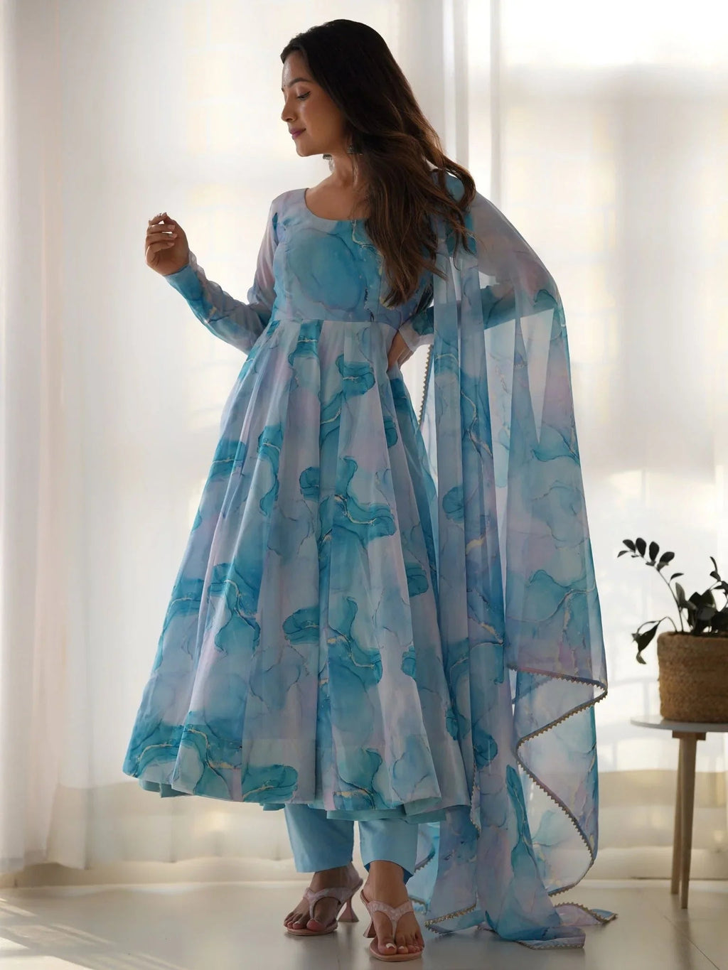 Sky blue organza silk marble print Anarkali suit set with dupatta
