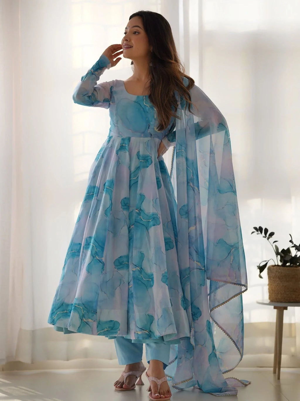 Sky blue organza silk marble print Anarkali suit set with dupatta
