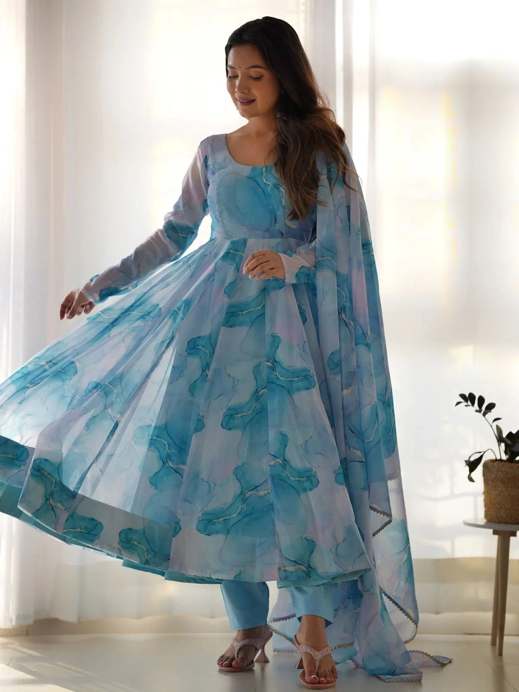 Sky blue organza silk marble print Anarkali suit set with dupatta