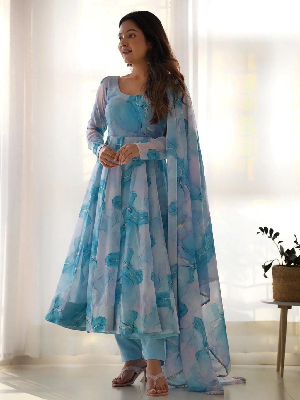 Sky blue organza silk marble print Anarkali suit set with dupatta