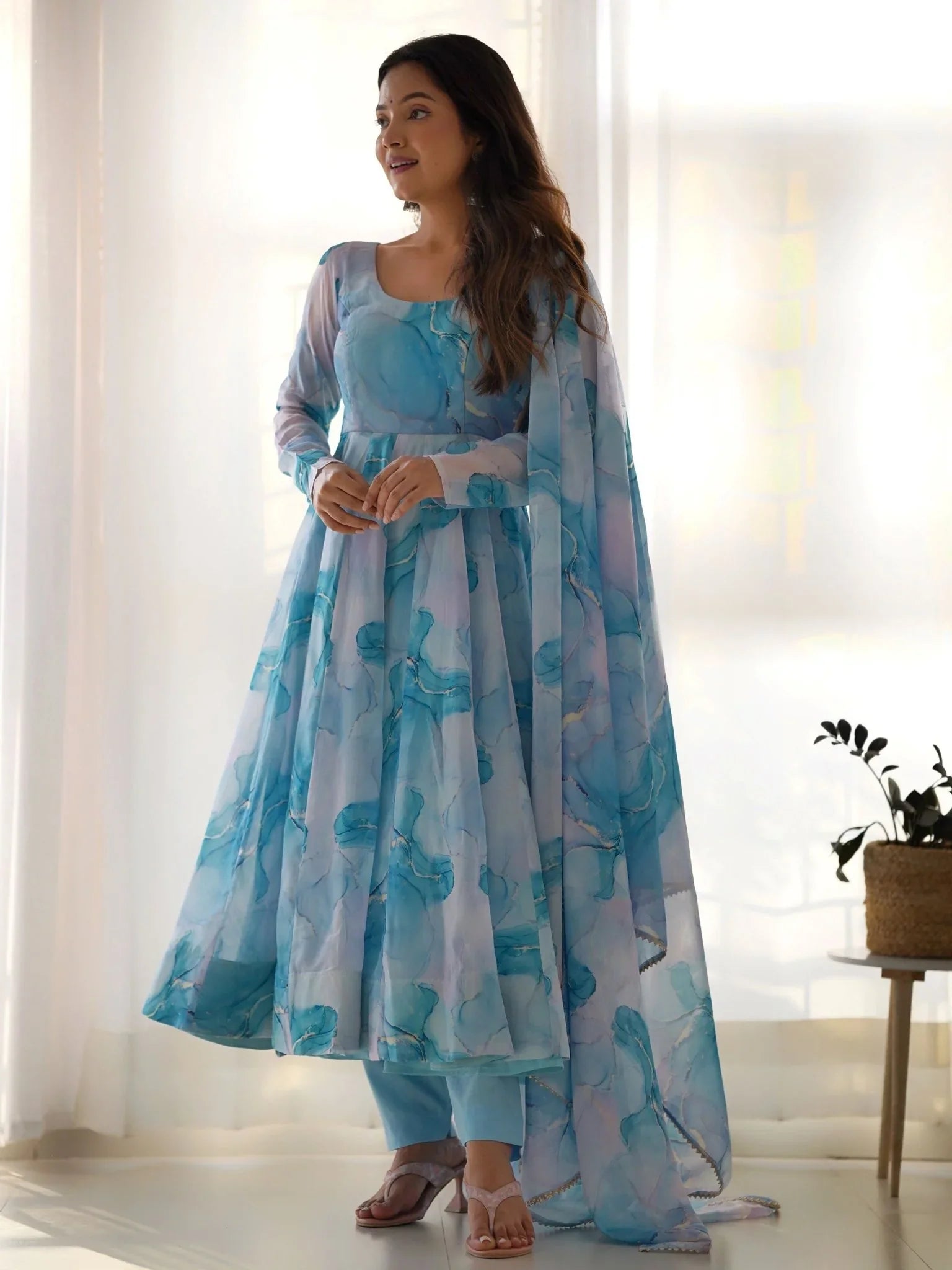 Sky blue organza silk marble print Anarkali suit set with dupatta