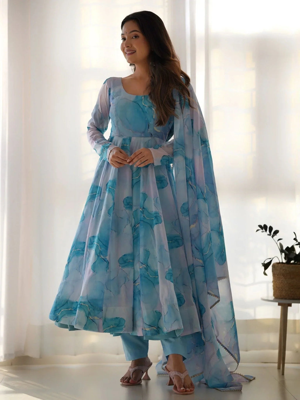 Sky blue organza silk marble print Anarkali suit set with dupatta