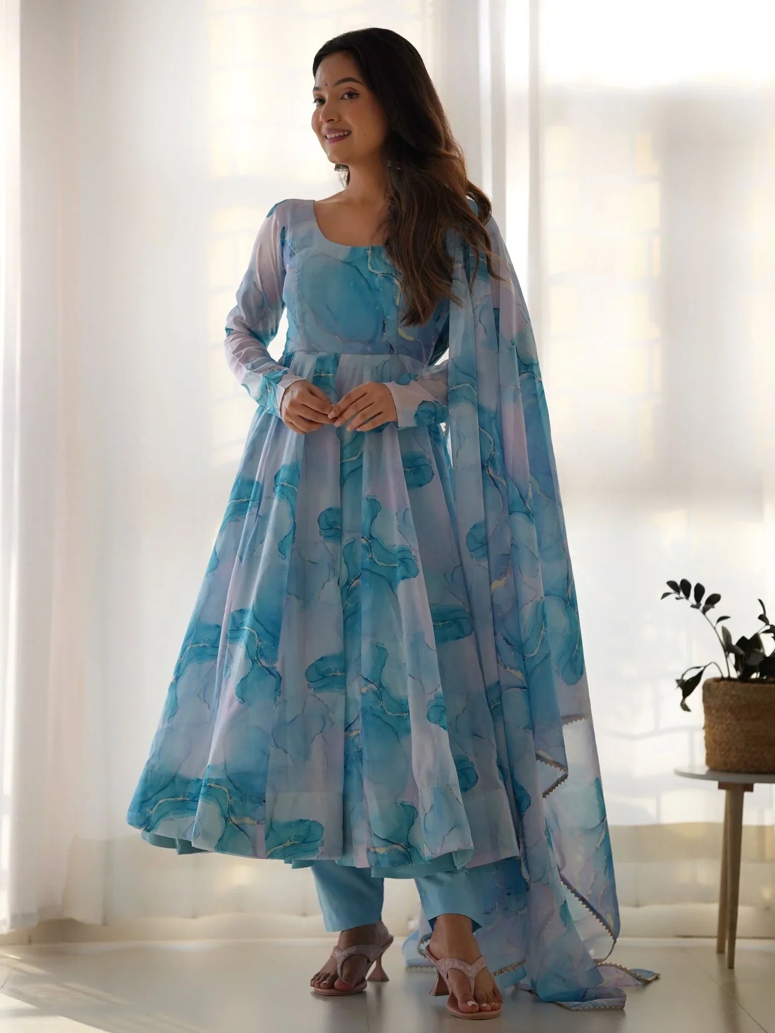 Sky blue organza silk marble print Anarkali suit set with dupatta